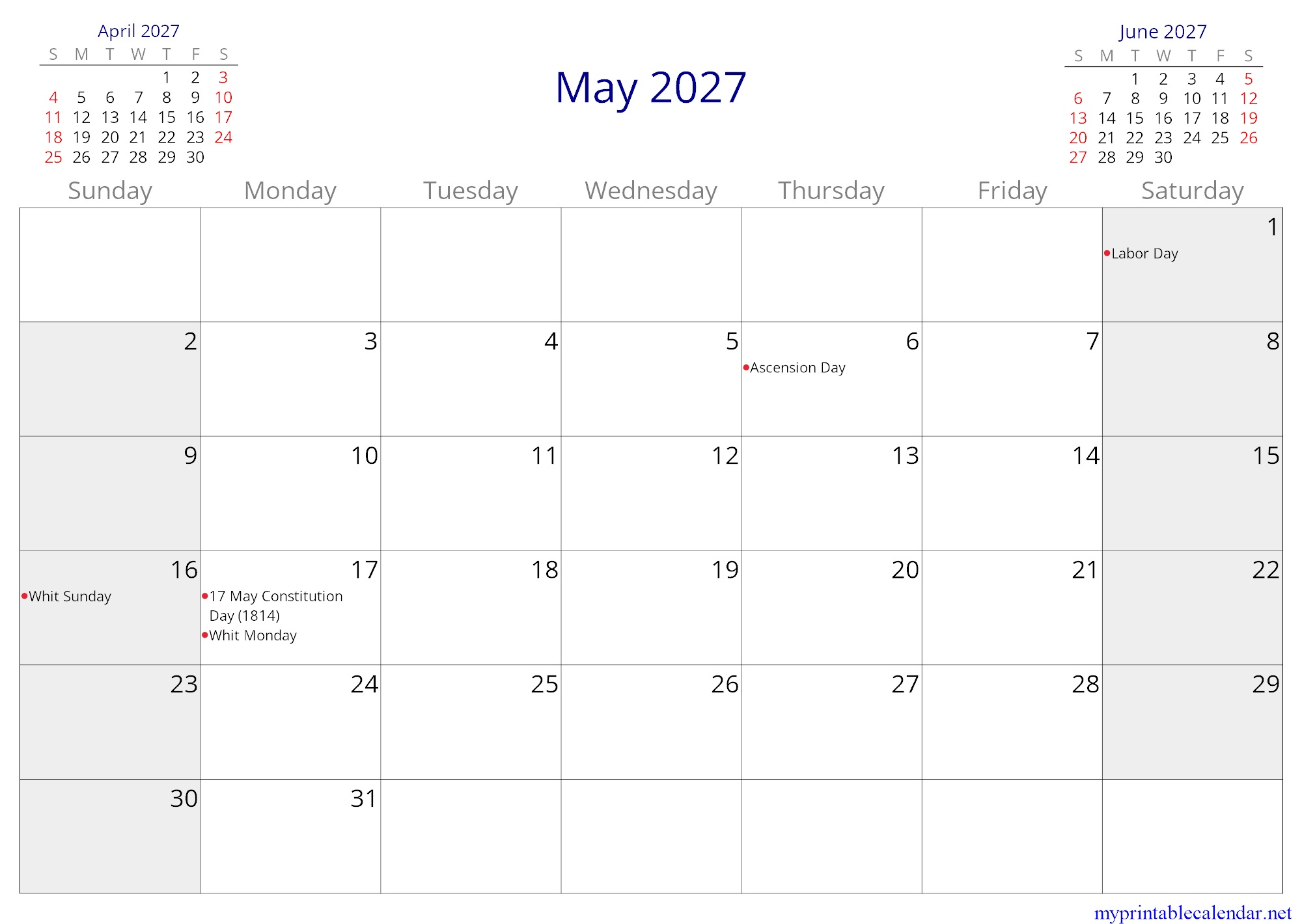 May 2027 monthly calendar, Norway, English jpg
