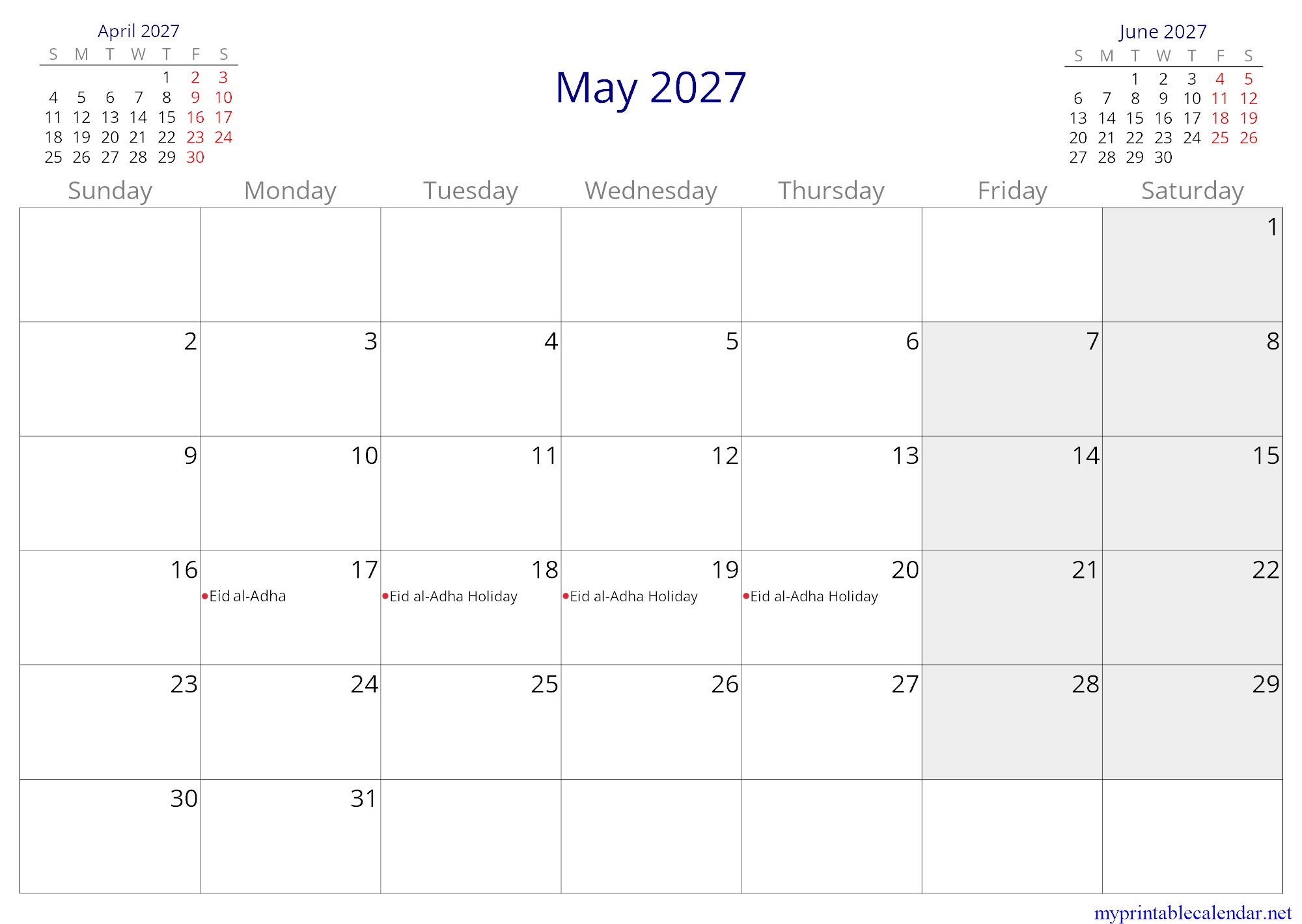 May 2027 monthly calendar, Oman, in English jpg
