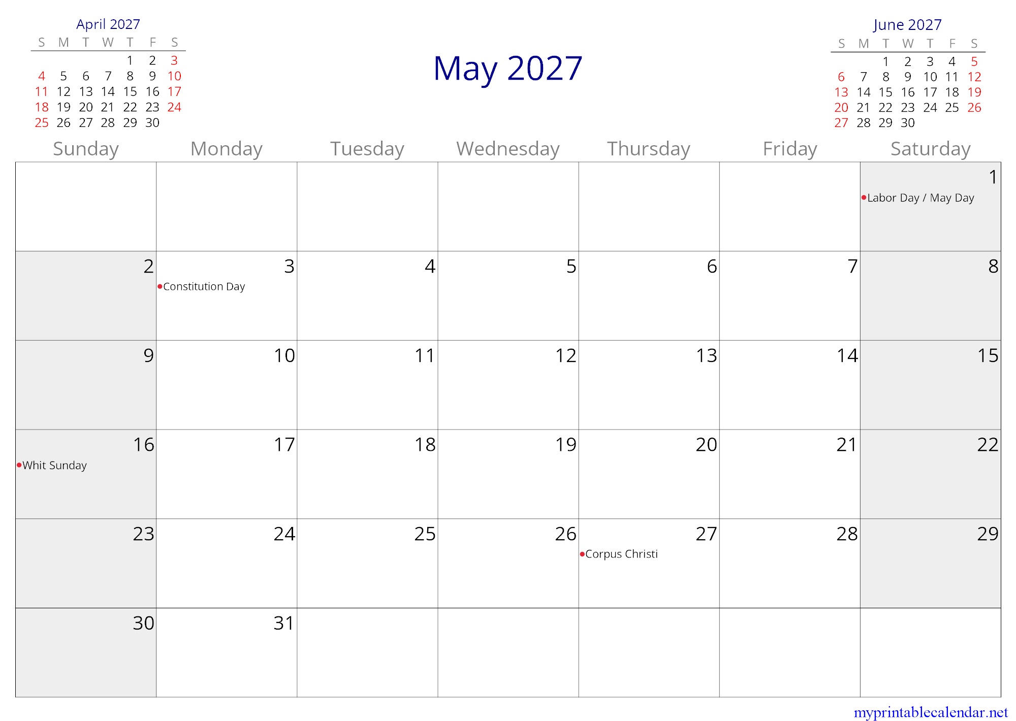May 2027 monthly calendar, Poland, in English jpg