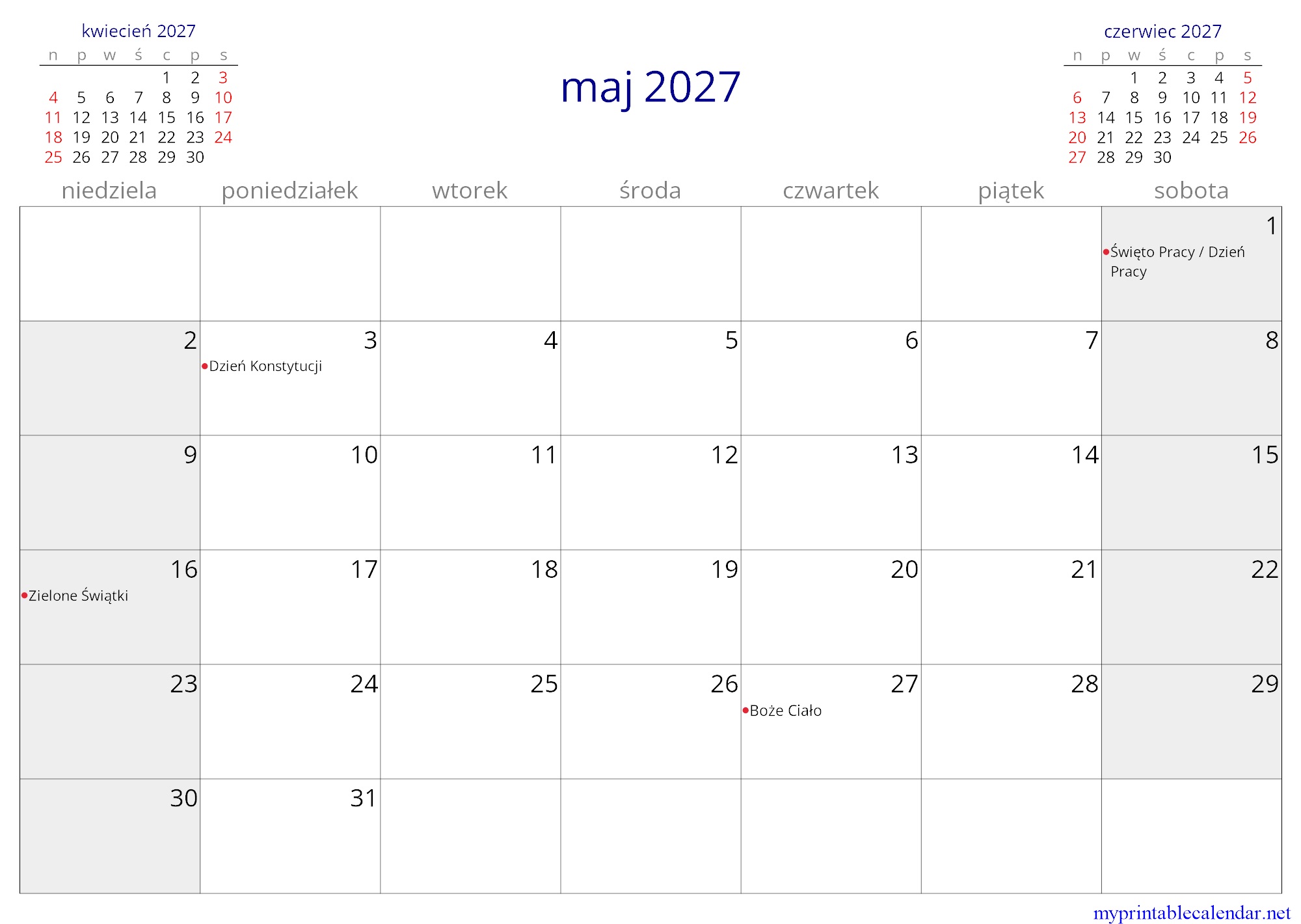 maj 2027 monthly calendar, Poland, Polish jpg