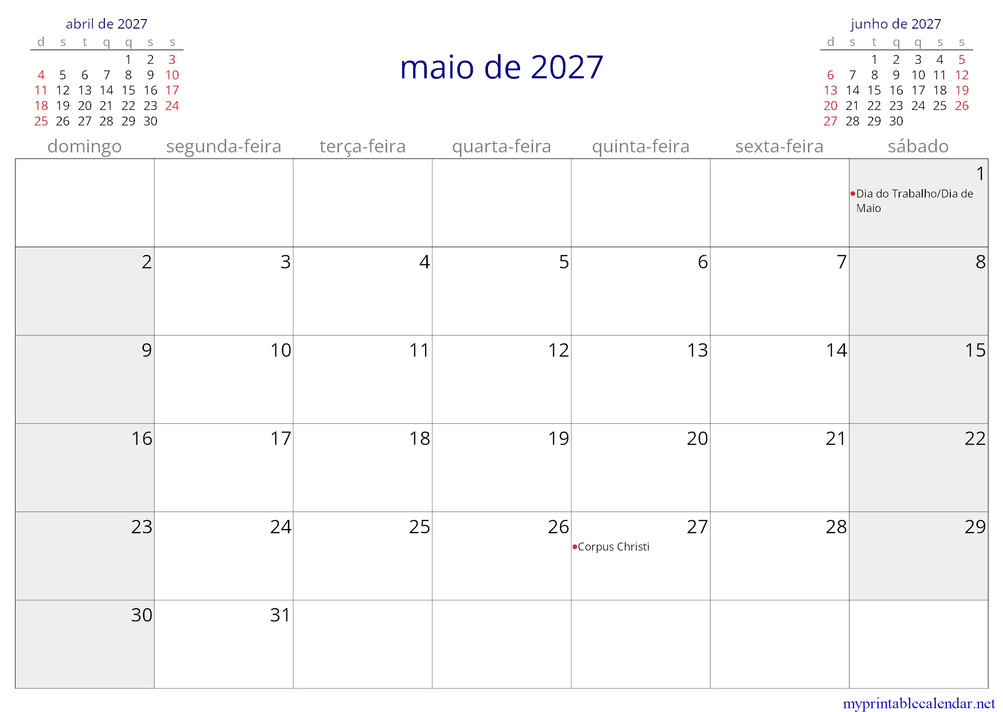 maio de 2027 monthly calendar, Portugal, Portuguese jpg