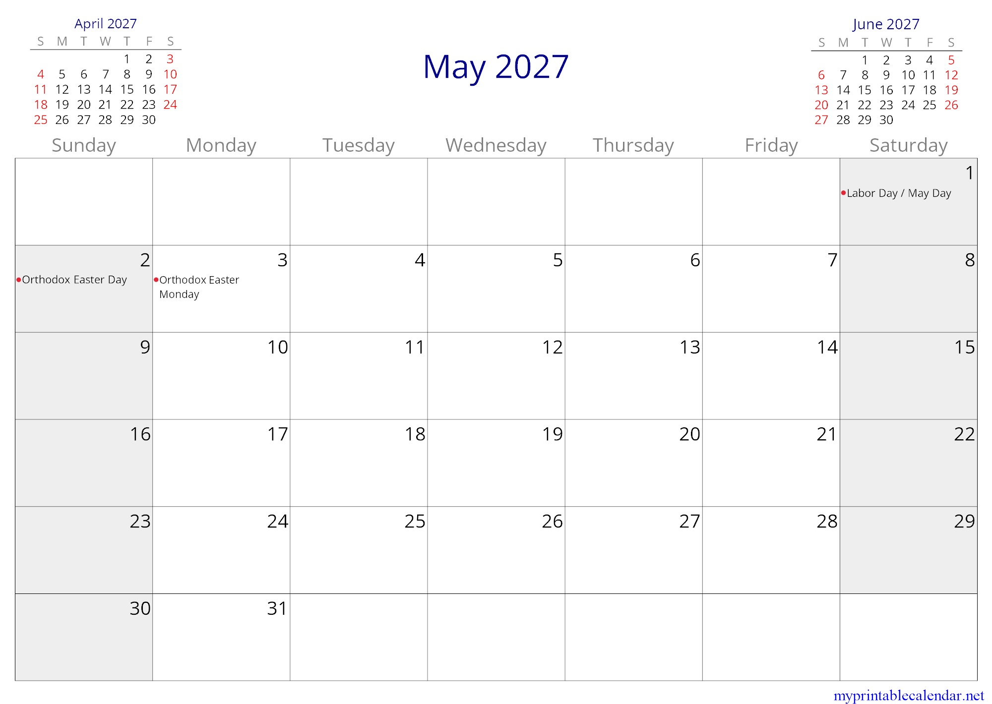 May 2027 monthly calendar, Romania, in English jpg