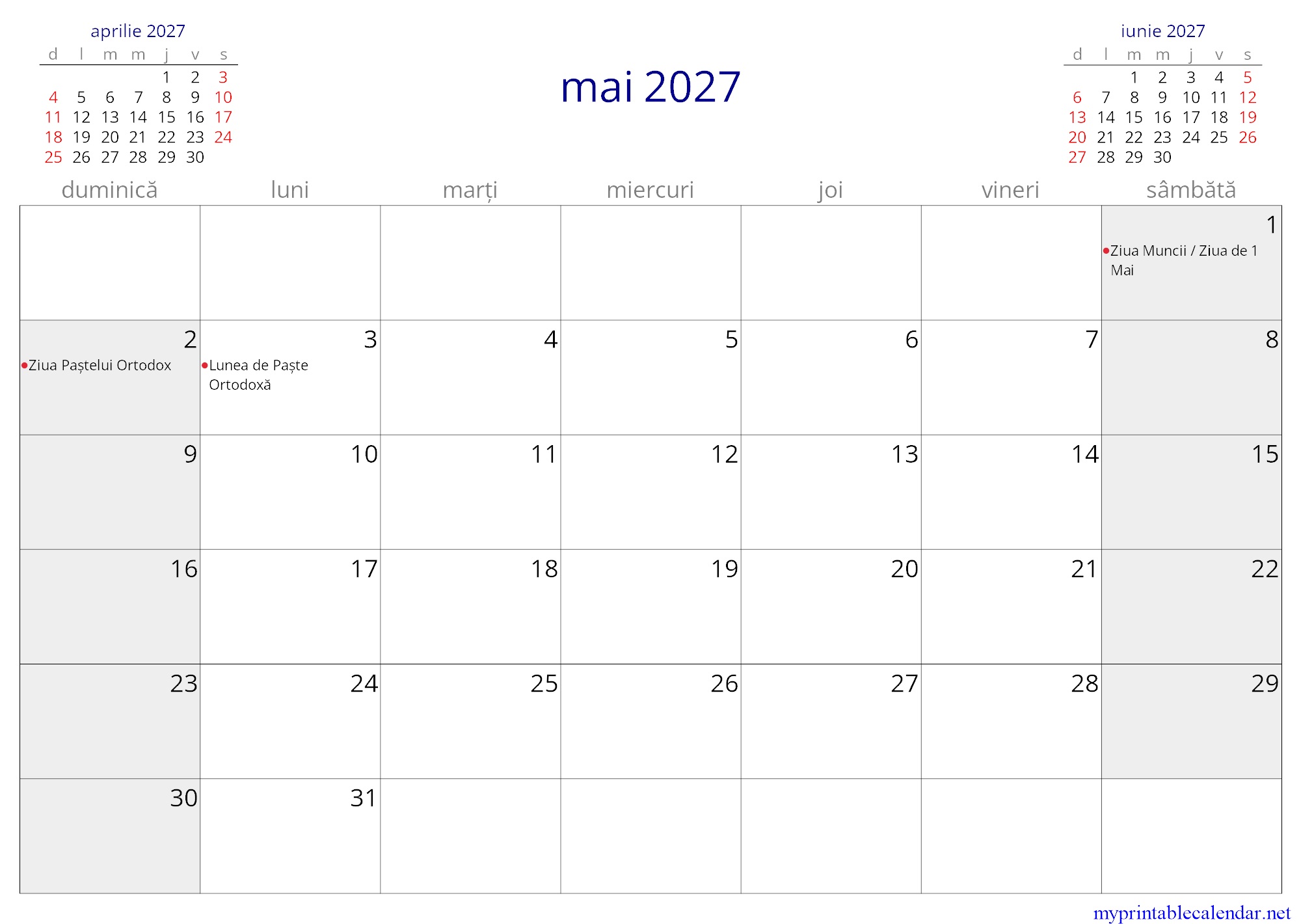 mai 2027 monthly calendar, Romania, Romanian jpg