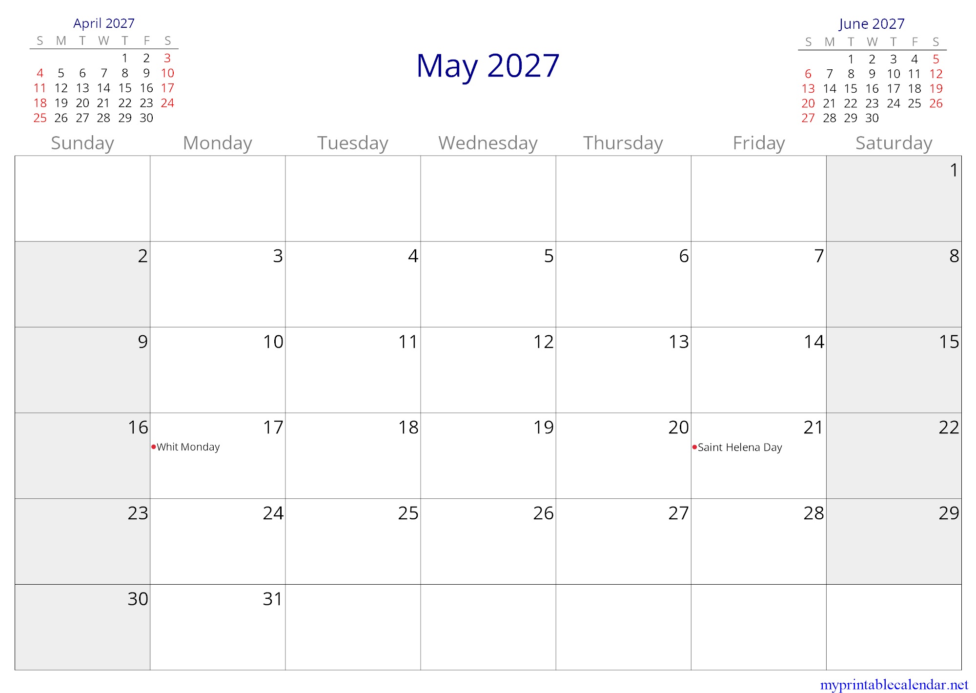 May 2027 monthly calendar, Saint Helena, Ascension and Tristan da Cunha, English jpg