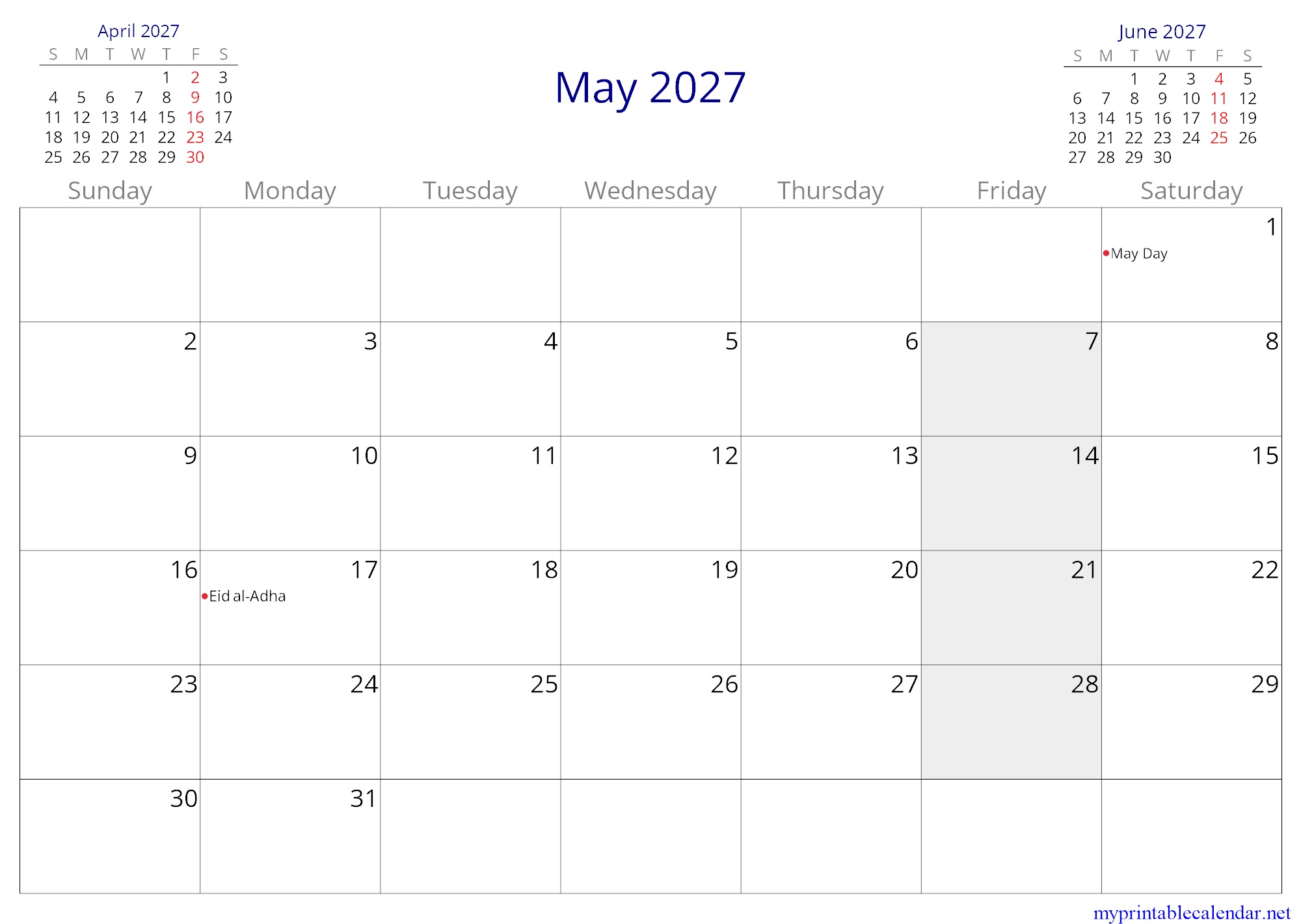 May 2027 monthly calendar, Somalia, in English jpg