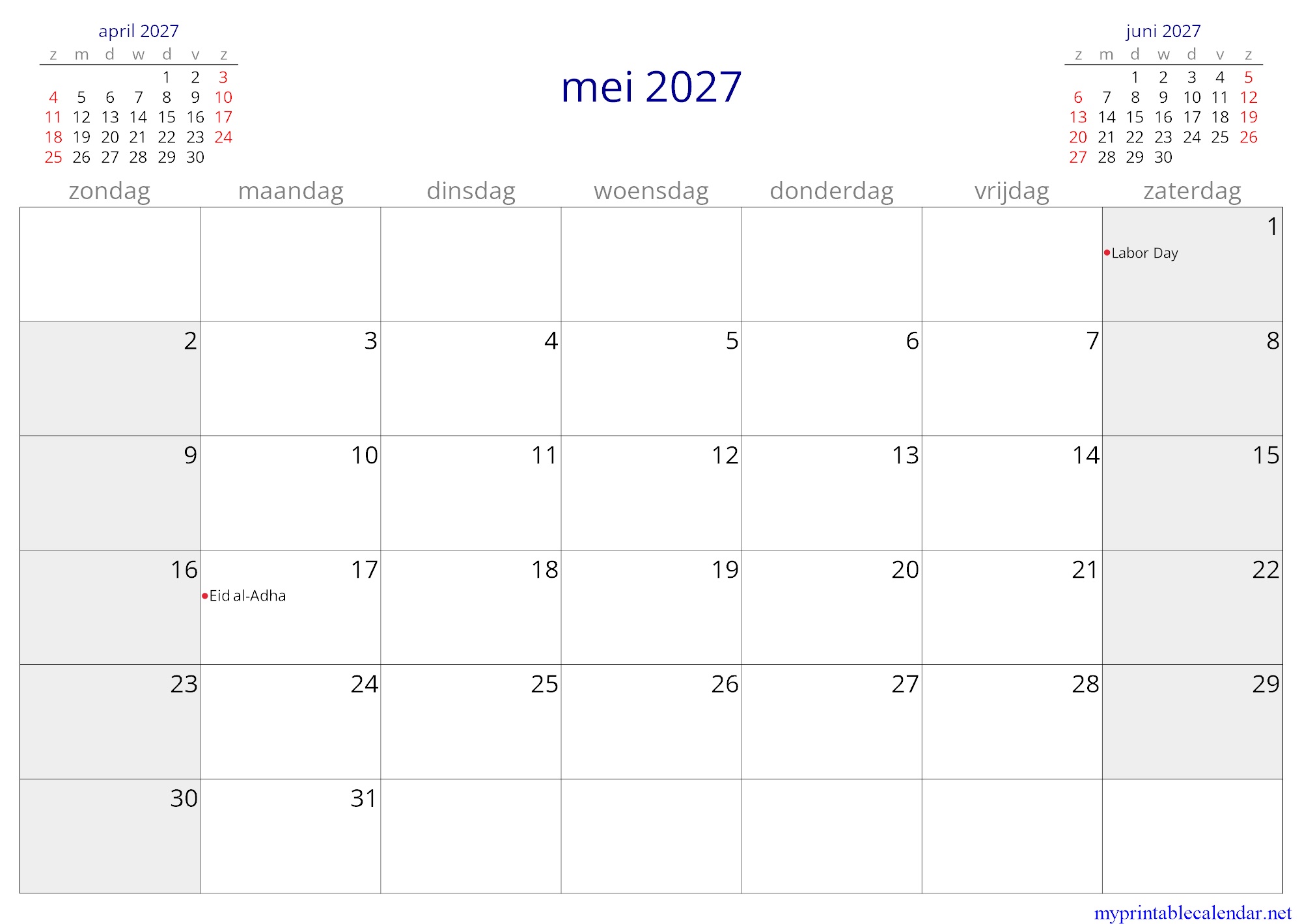 mei 2027 monthly calendar, Suriname, Dutch jpg