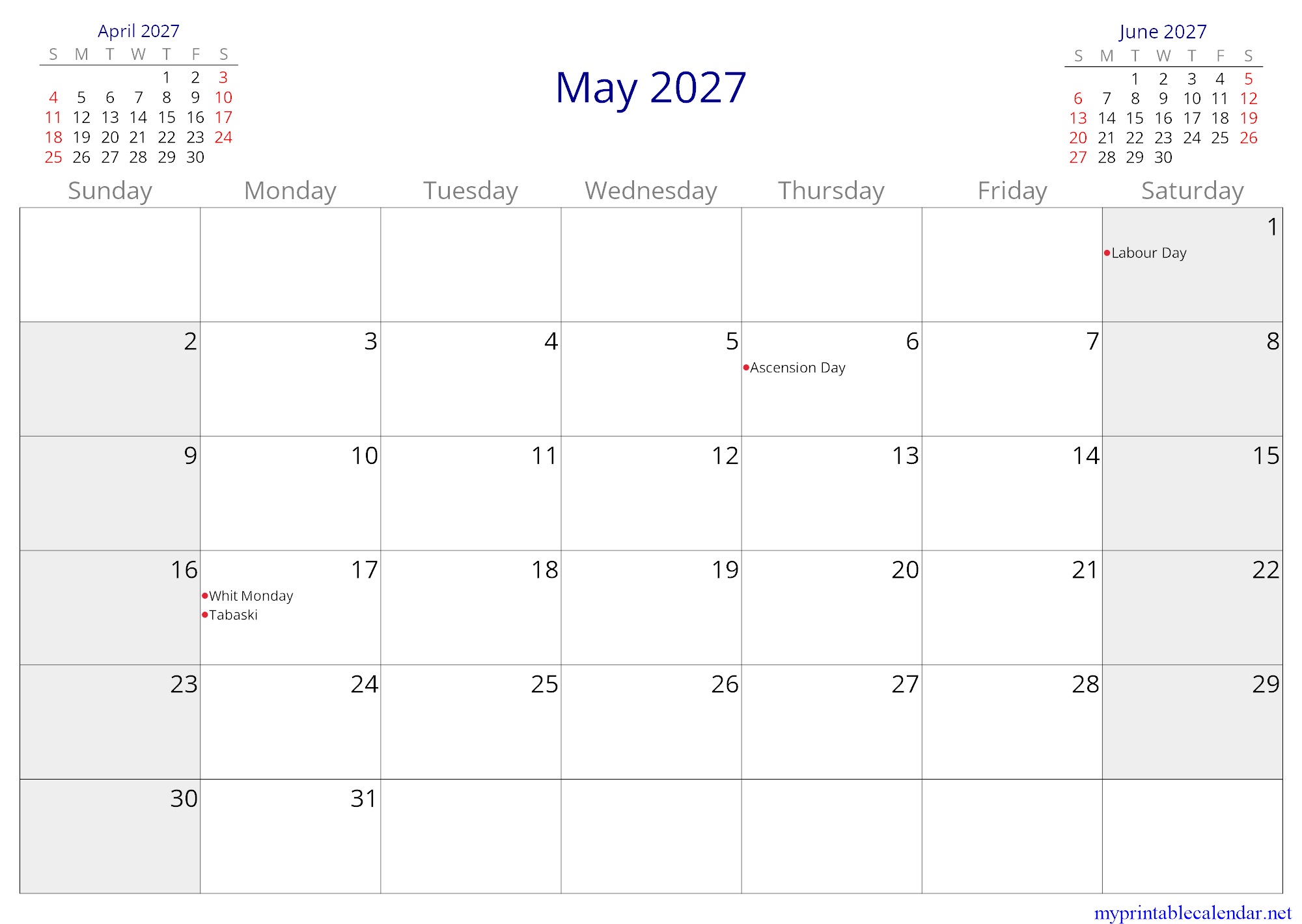 May 2027 monthly calendar, Togo, in English jpg