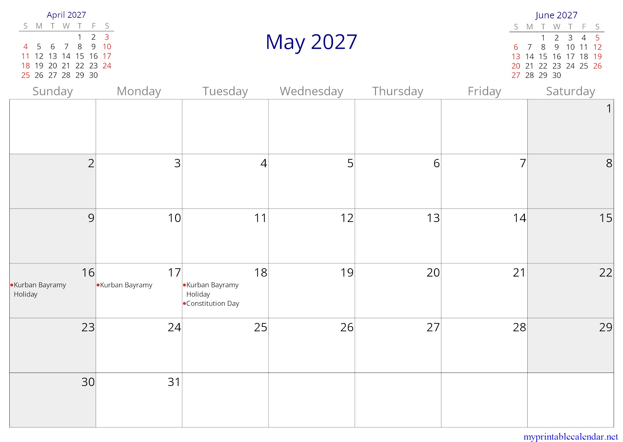 May 2027 monthly calendar, Turkmenistan, in English jpg