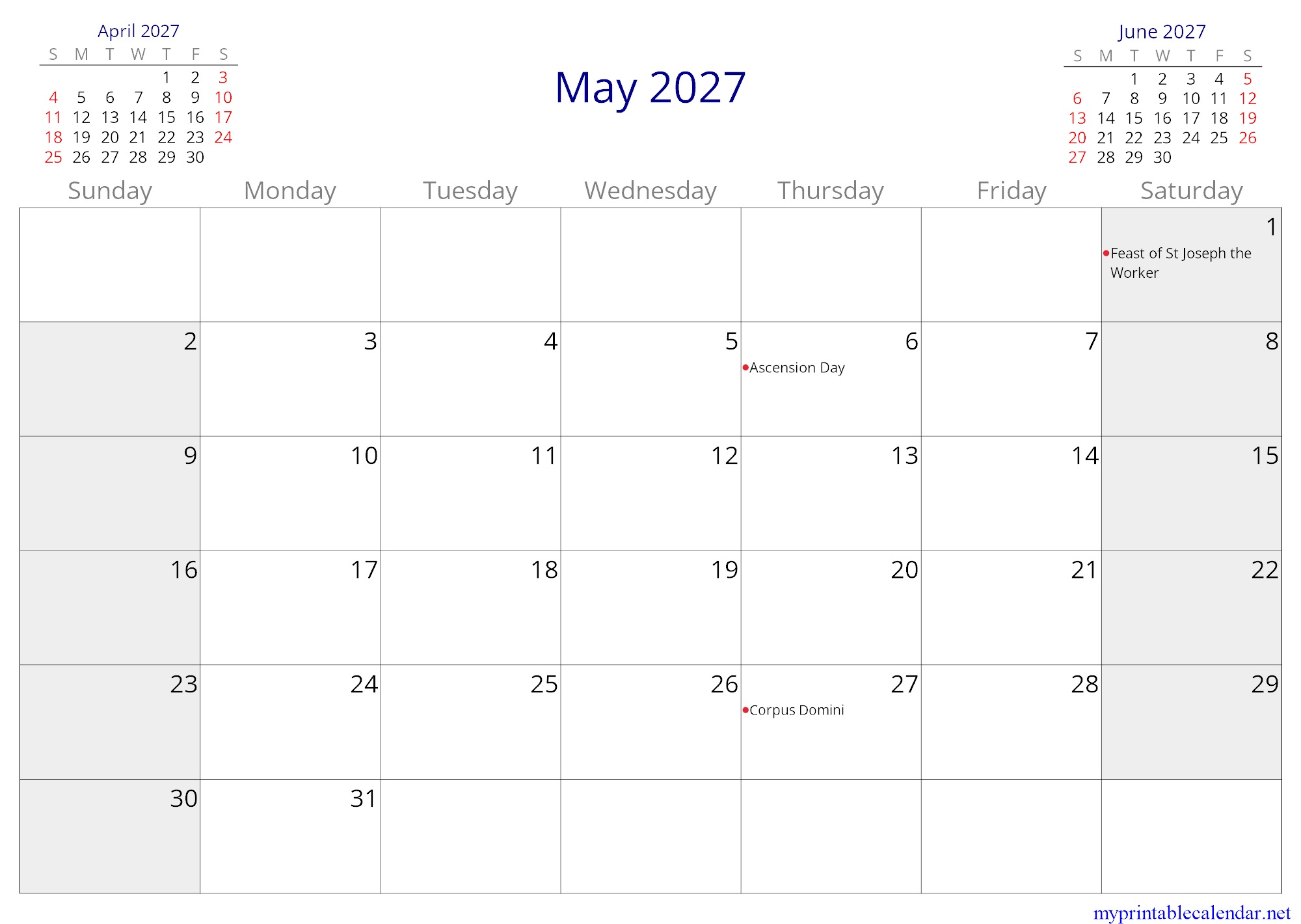 May 2027 monthly calendar, Vatican City, in English jpg