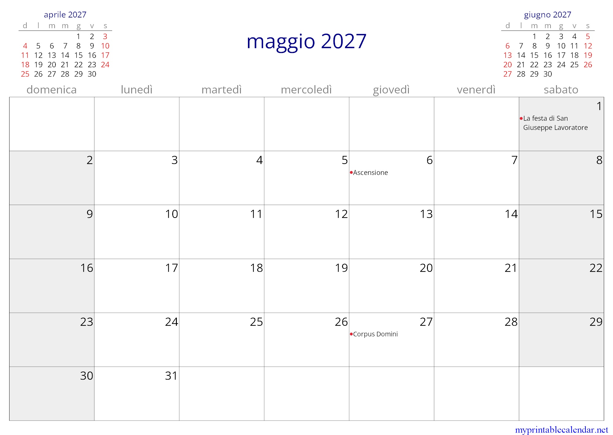 maggio 2027 monthly calendar, Vatican City, Italian jpg