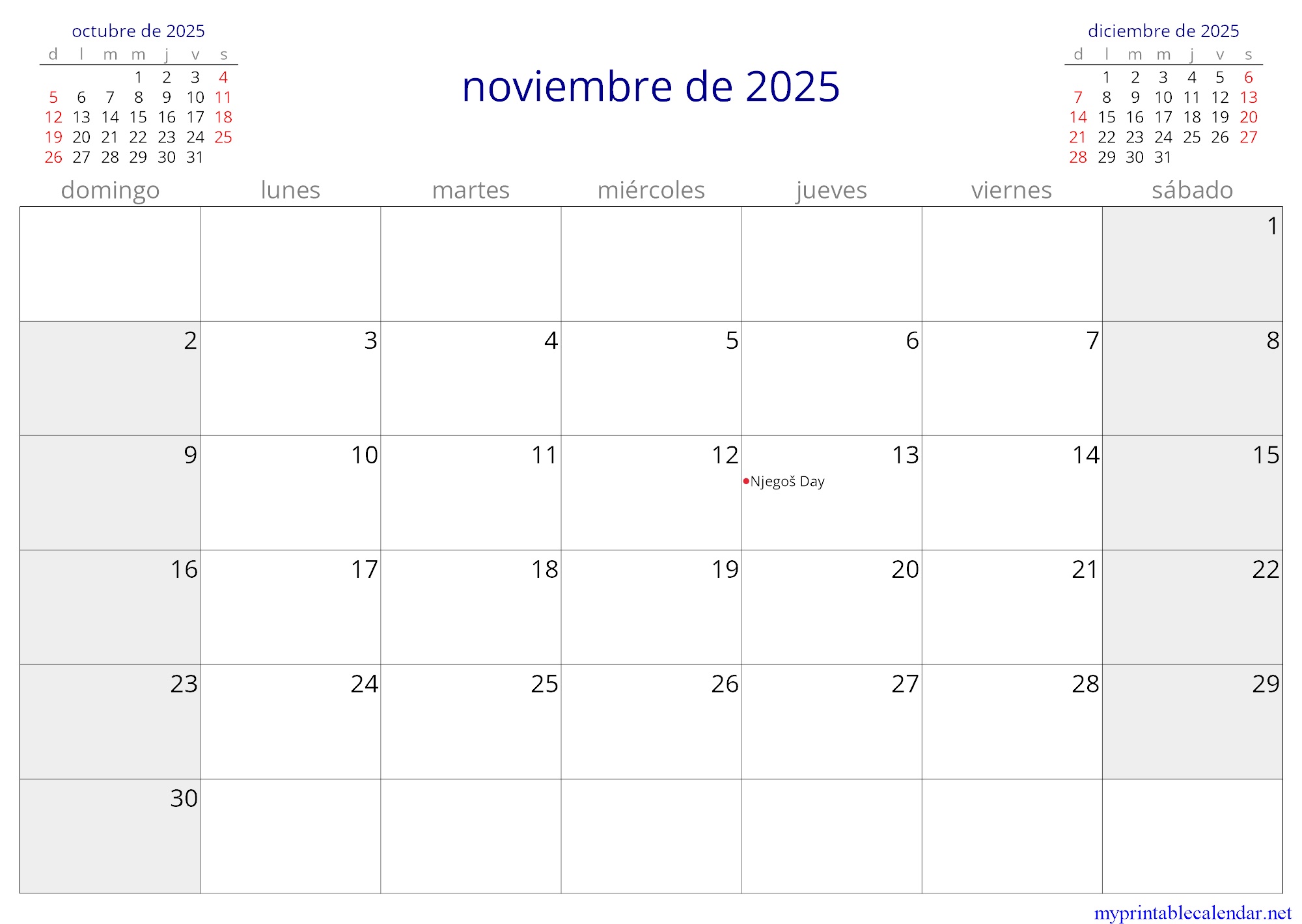 noviembre de 2025 monthly calendar, Montenegro, Spanish jpg
