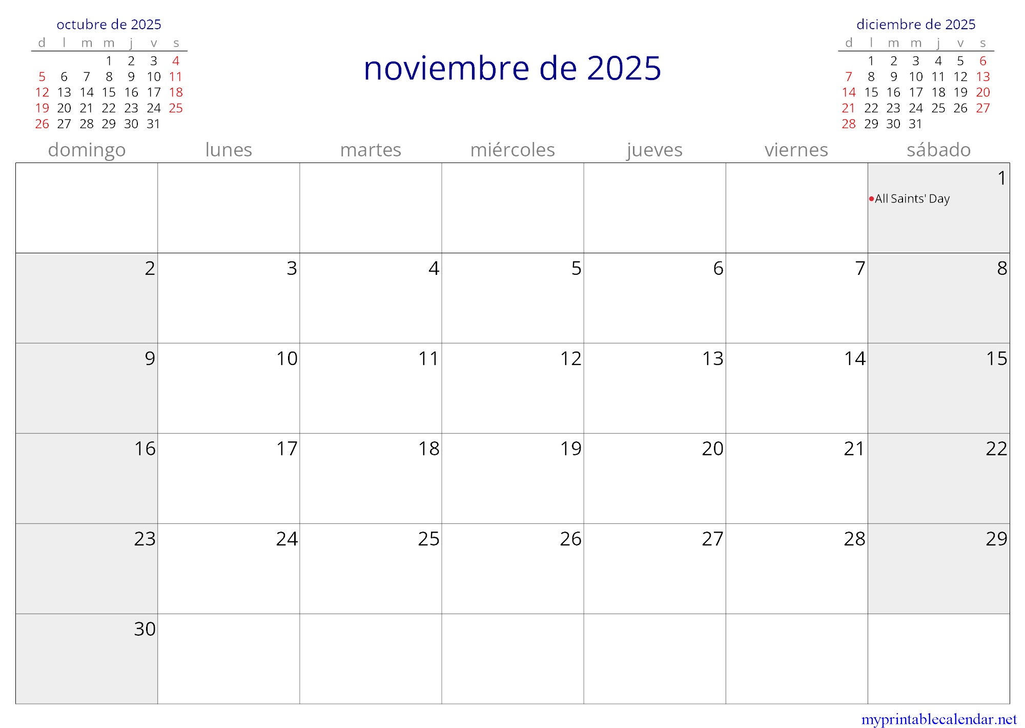 noviembre de 2025 monthly calendar, Seychelles, Spanish jpg