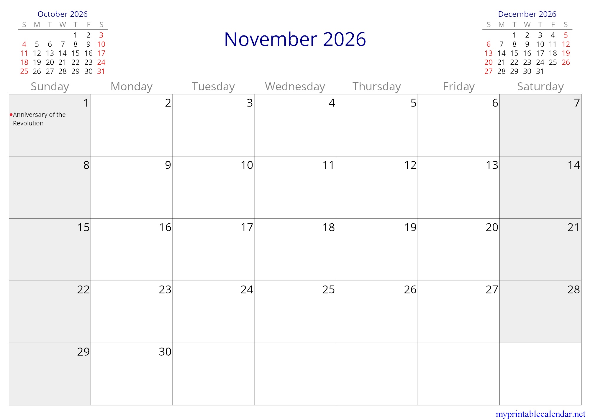 November 2026 monthly calendar, Algeria, in English jpg