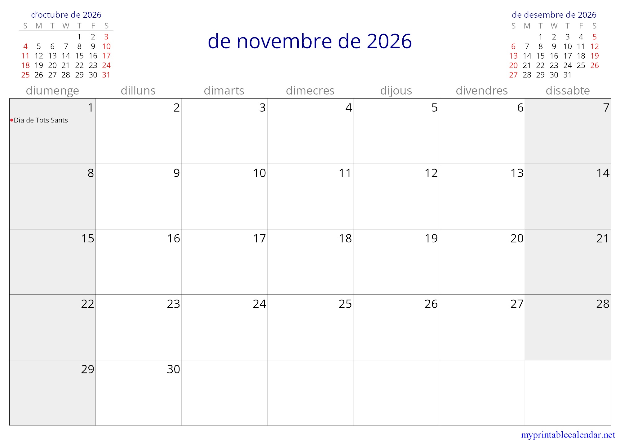 de novembre de 2026 monthly calendar, Andorra, Catalan jpg
