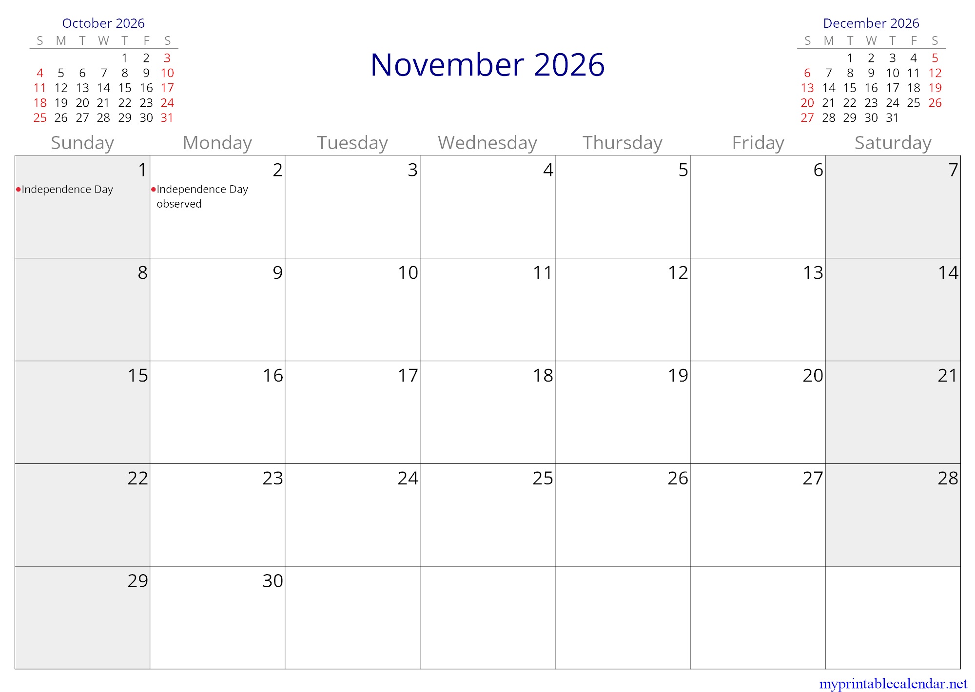 November 2026 monthly calendar, Antigua and Barbuda, English jpg
