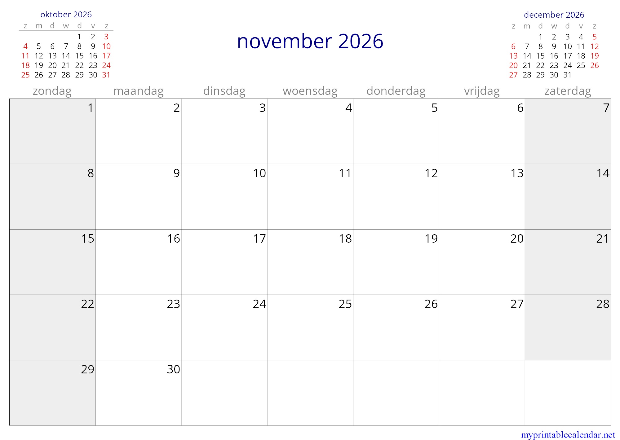 november 2026 monthly calendar, Aruba, Dutch jpg