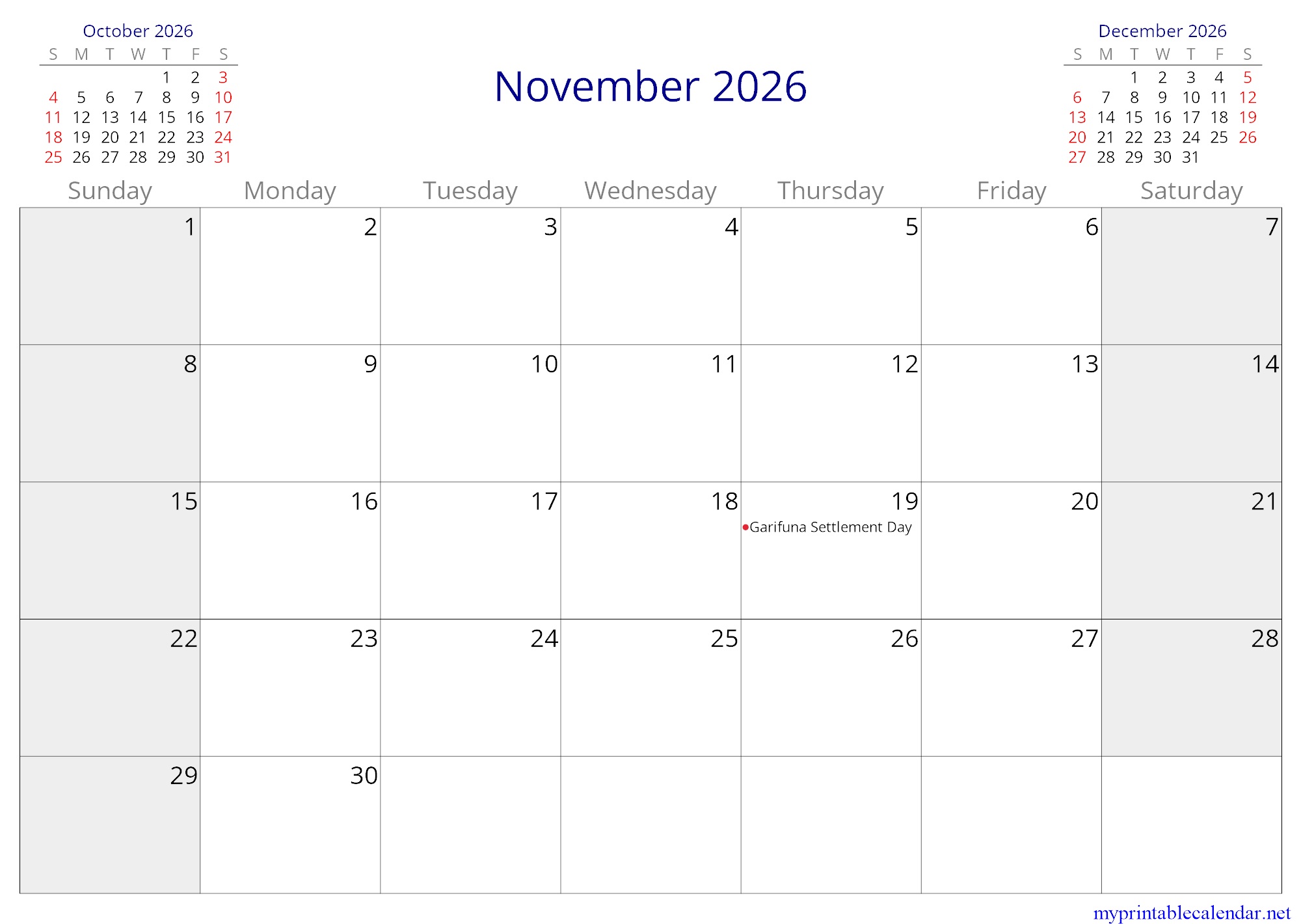 November 2026 monthly calendar, Belize, English jpg