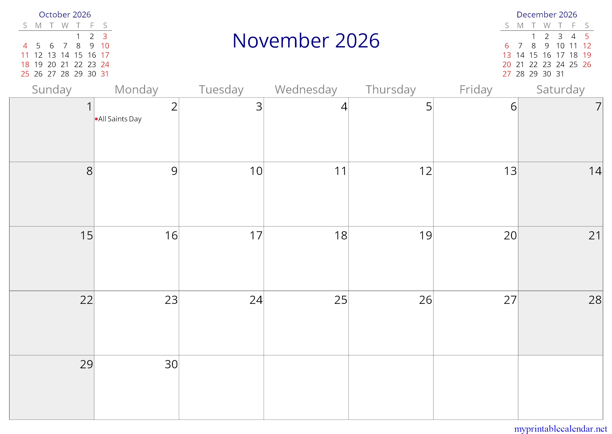 November 2026 monthly calendar, Bolivia, in English jpg