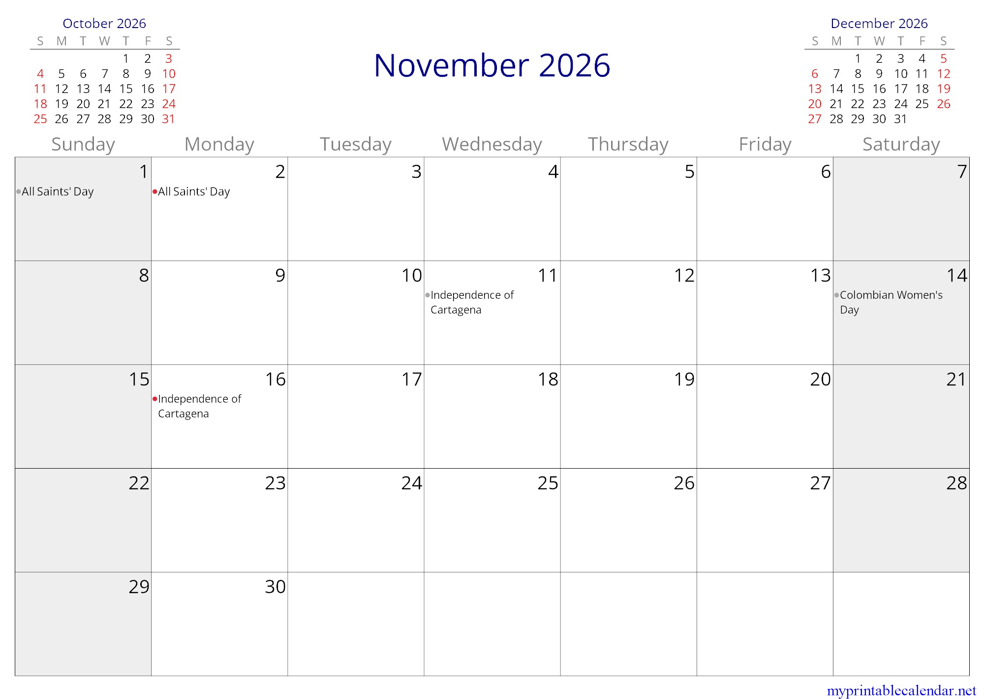 November 2026 monthly calendar, Colombia, in English jpg