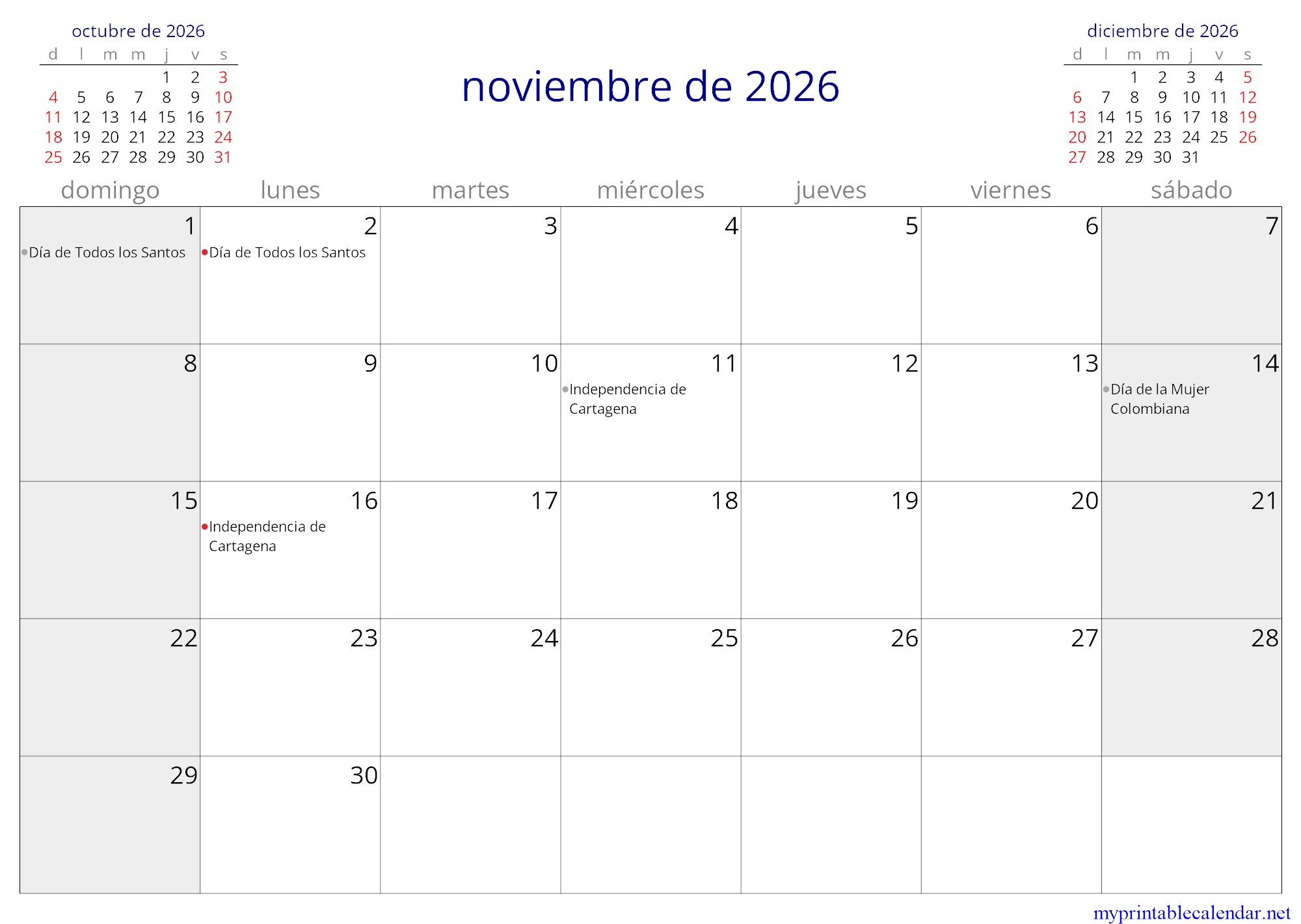 noviembre de 2026 monthly calendar, Colombia, Spanish jpg