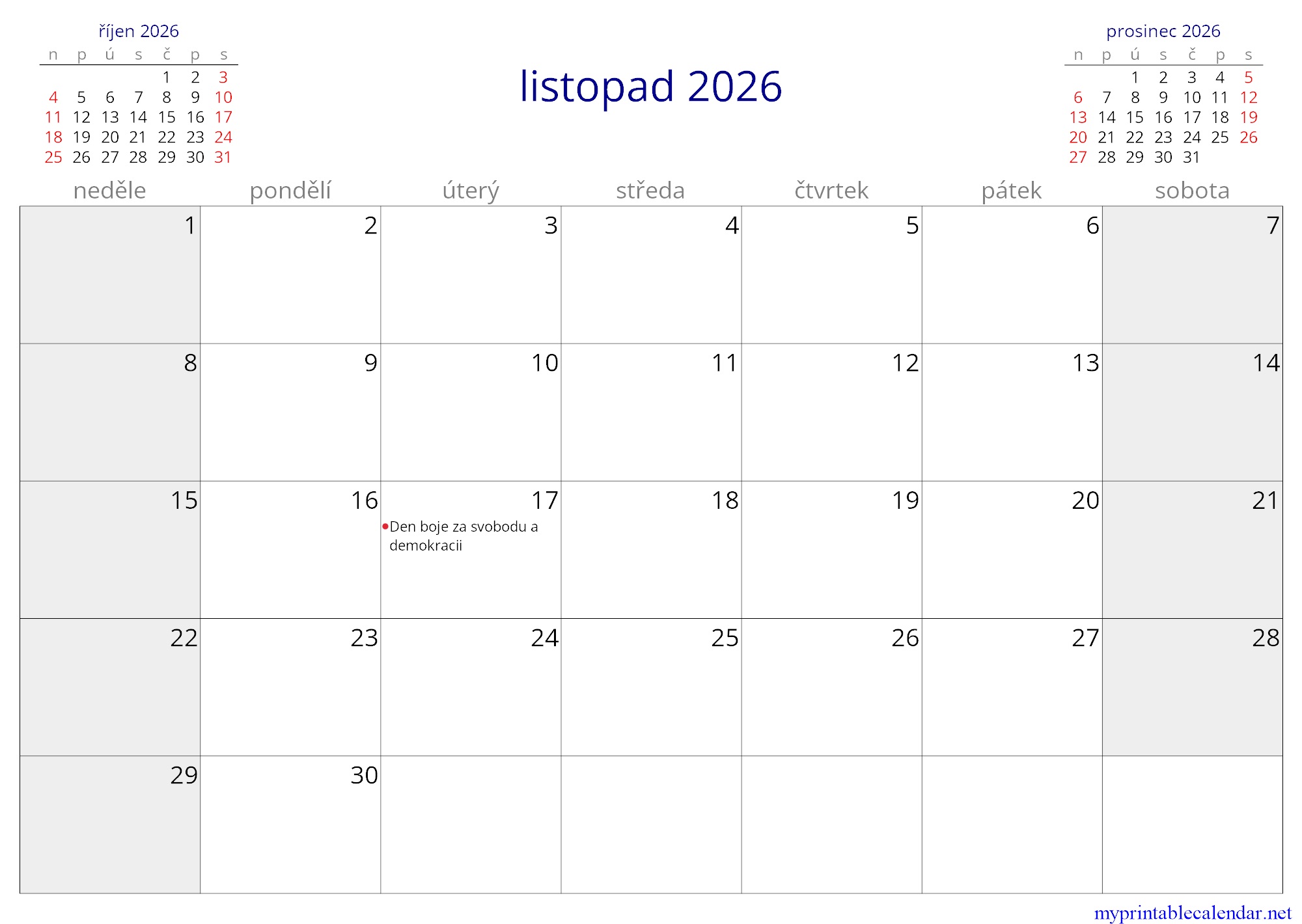 listopad 2026 monthly calendar, Czechia, Czech jpg