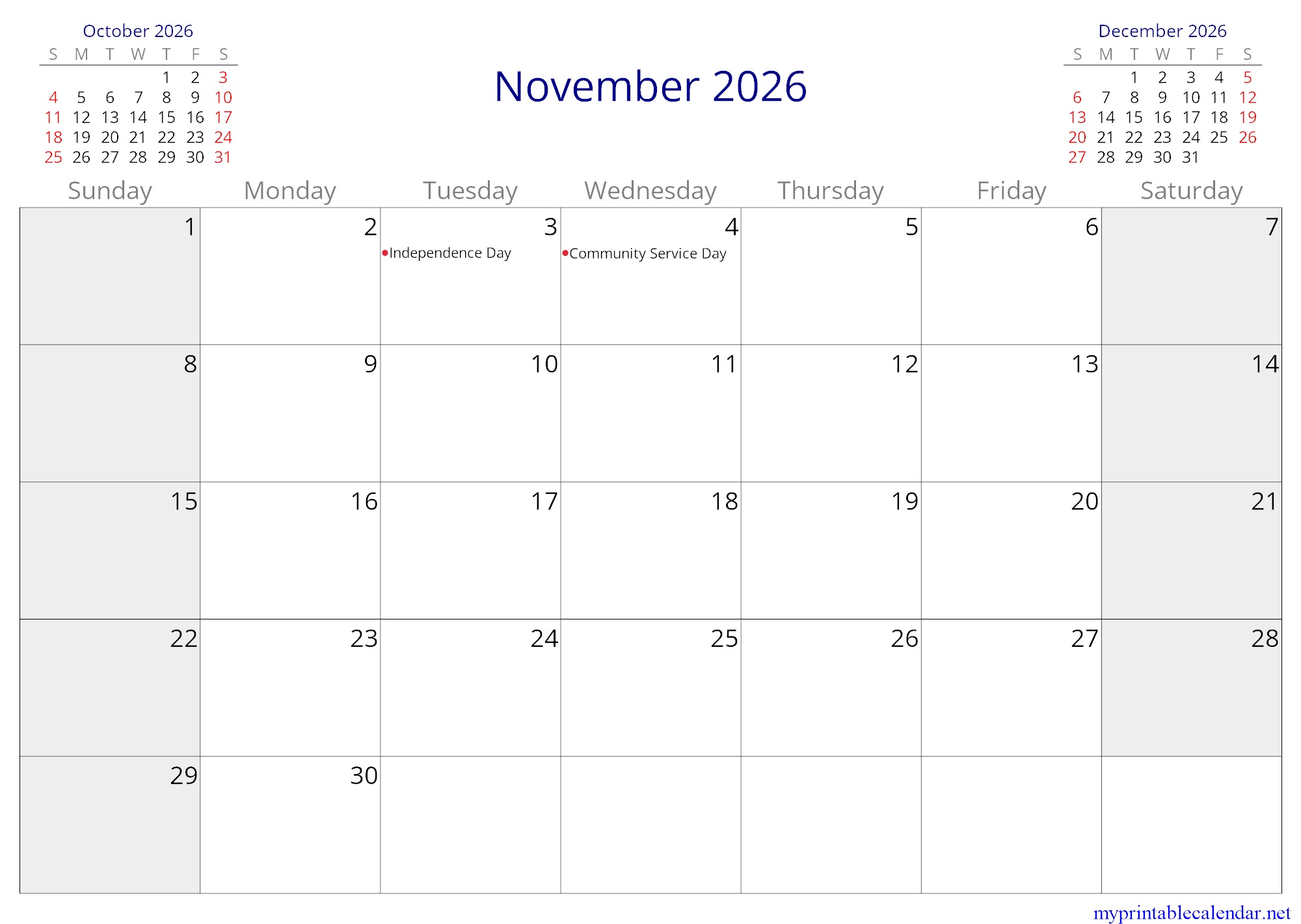 November 2026 monthly calendar, Dominica, English jpg