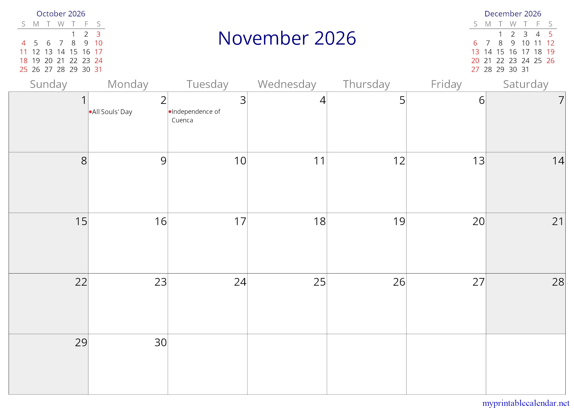 November 2026 monthly calendar, Ecuador, in English jpg