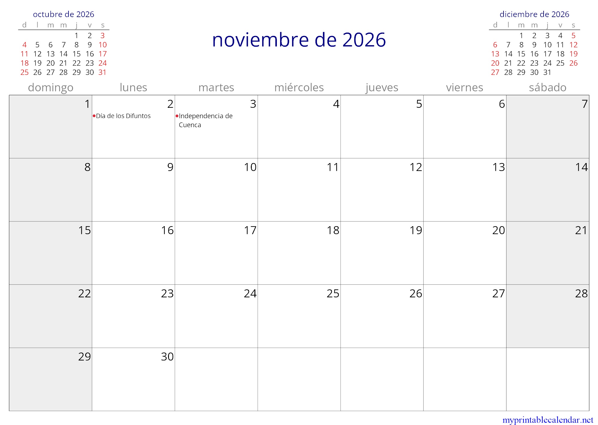 noviembre de 2026 monthly calendar, Ecuador, Spanish jpg