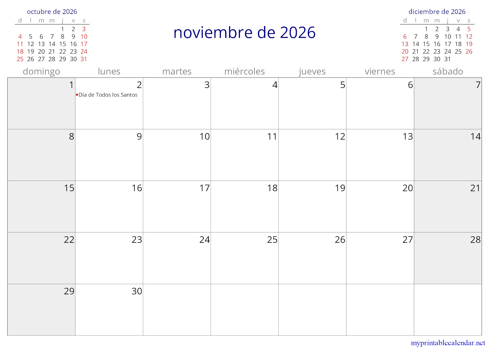 noviembre de 2026 monthly calendar, El Salvador, Spanish jpg