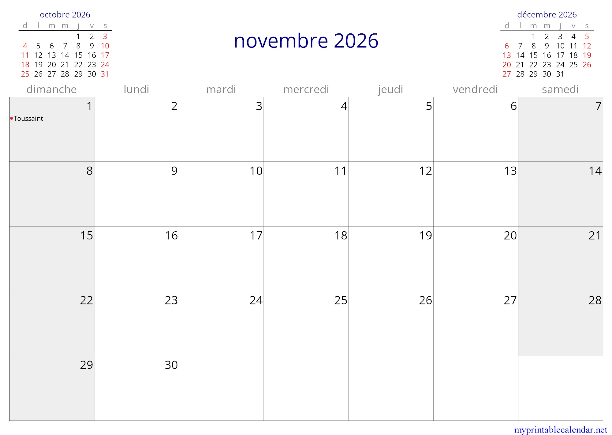 novembre 2026 monthly calendar, Gabon, French jpg