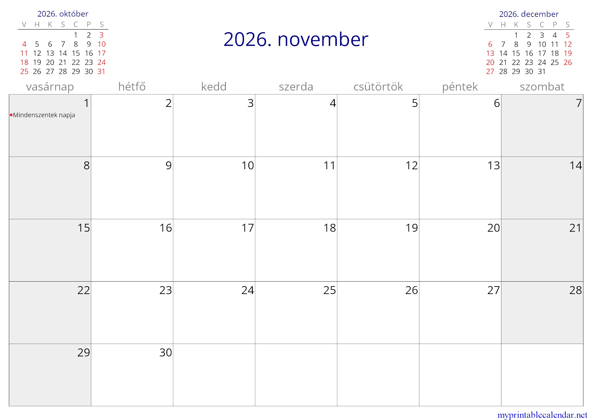 2026. november monthly calendar, Hungary, Hungarian jpg