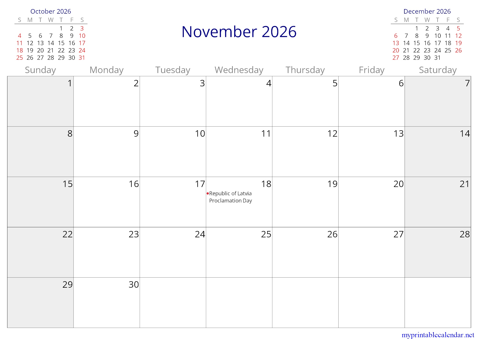 November 2026 monthly calendar, Latvia, in English jpg