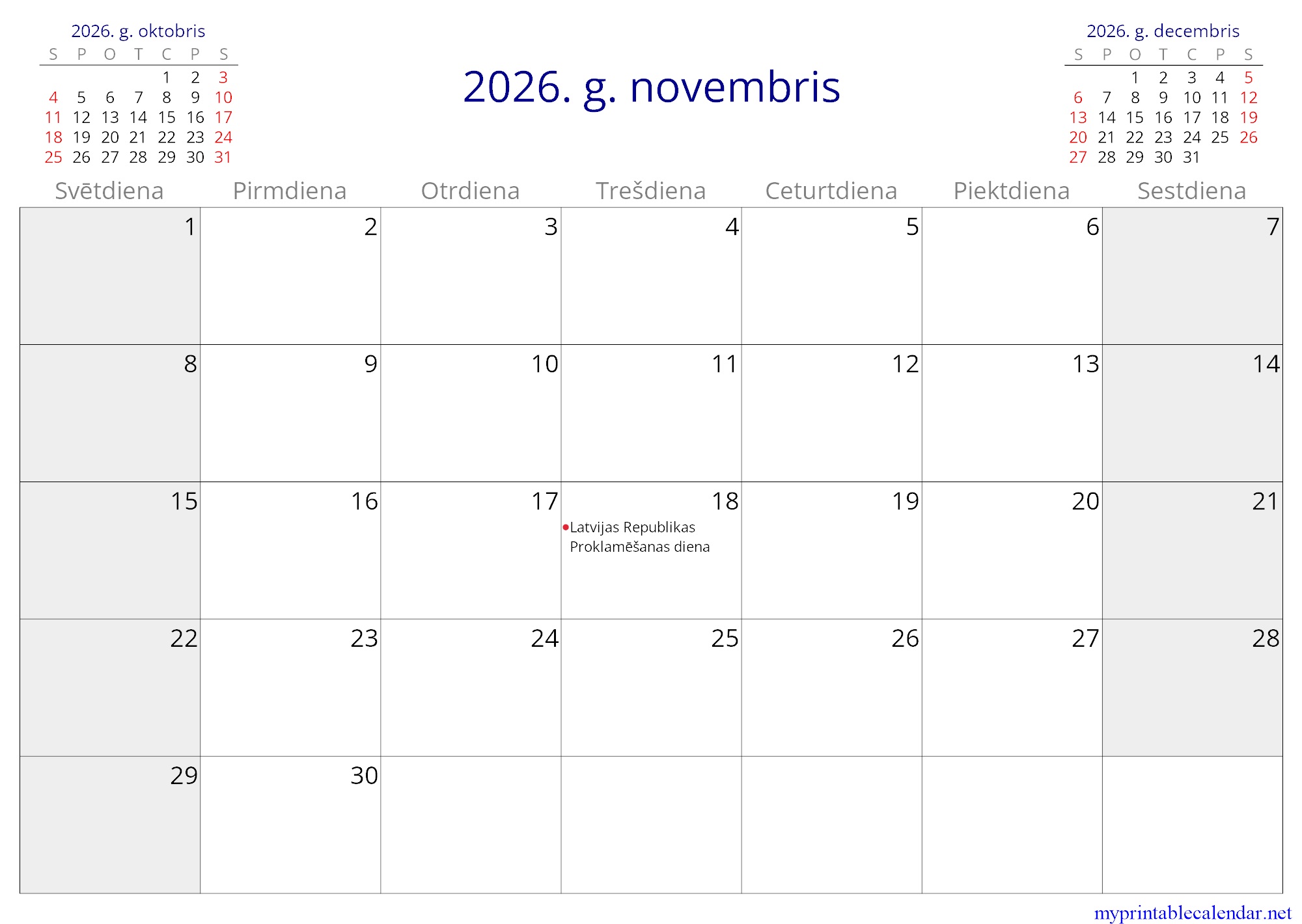 2026. g. novembris monthly calendar, Latvia, Latvian jpg