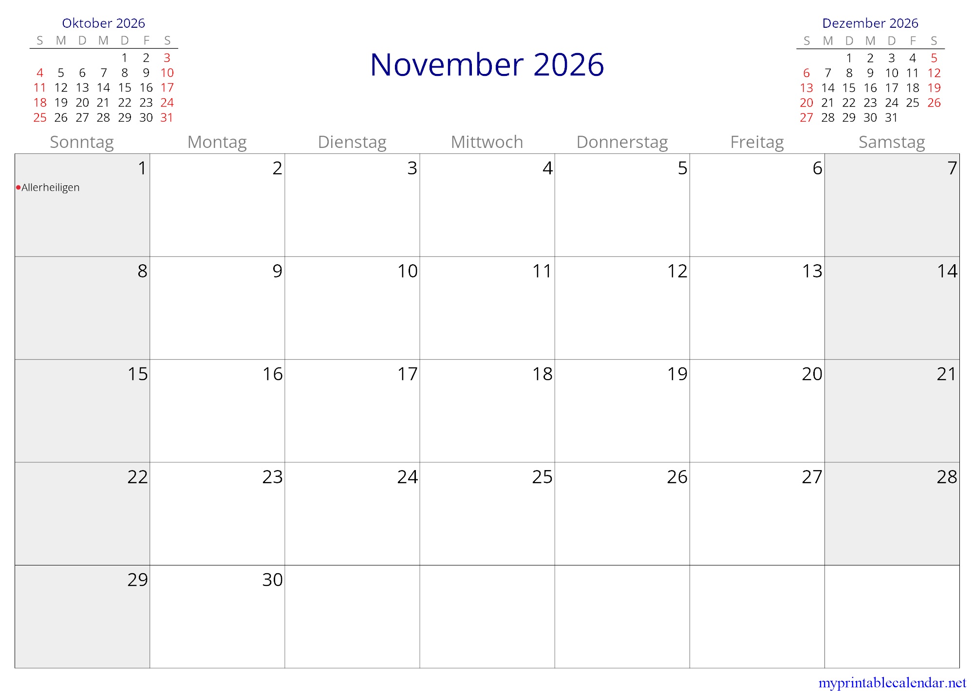 November 2026 monthly calendar, Liechtenstein, German jpg