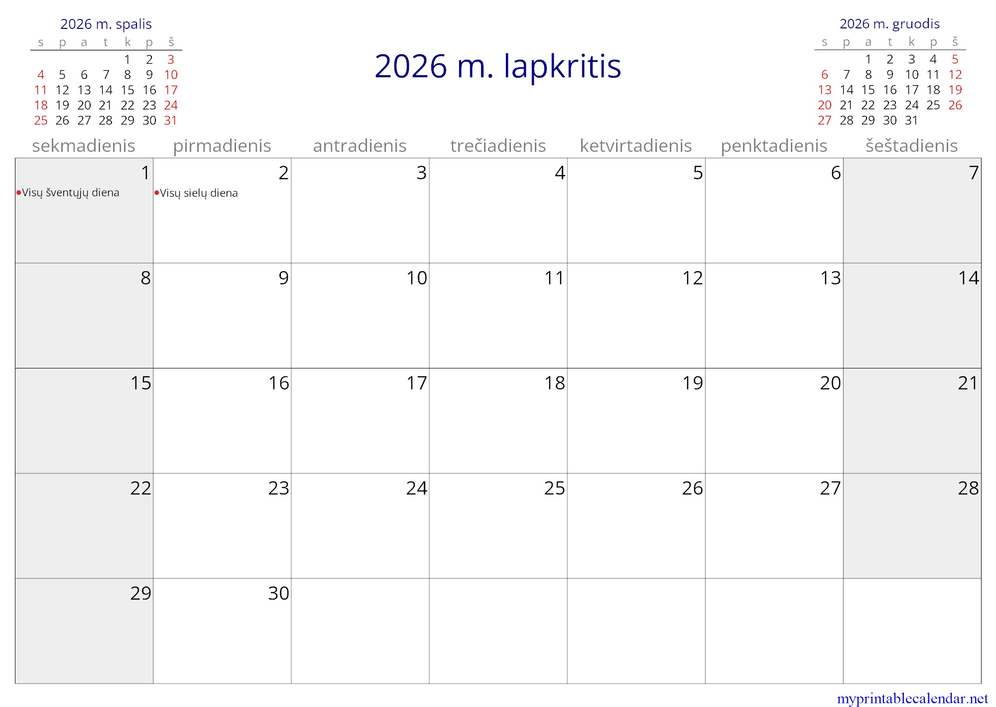 2026 m. lapkritis monthly calendar, Lithuania, Lithuanian jpg