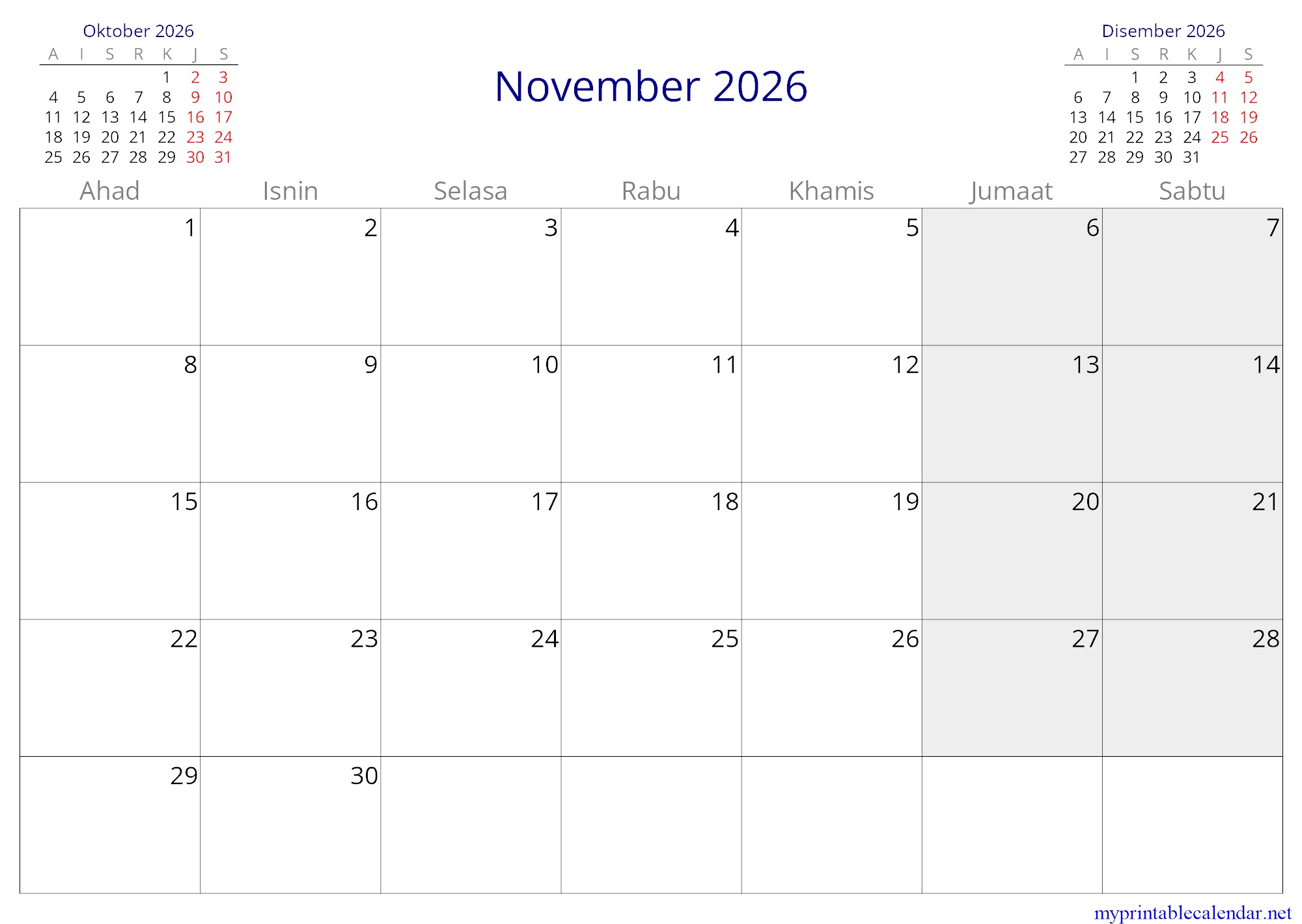 November 2026 monthly calendar, Malaysia, Malay jpg