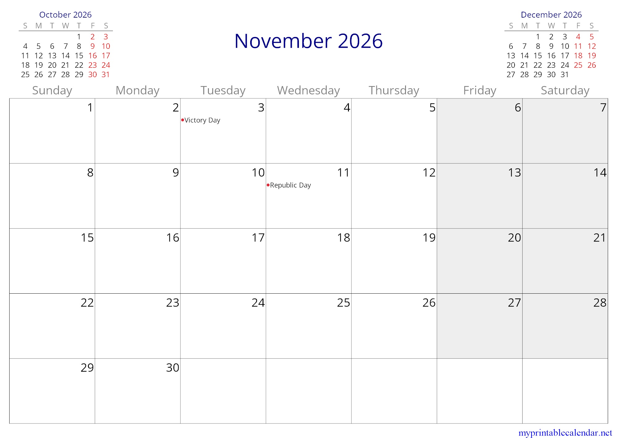 November 2026 monthly calendar, Maldives, English jpg