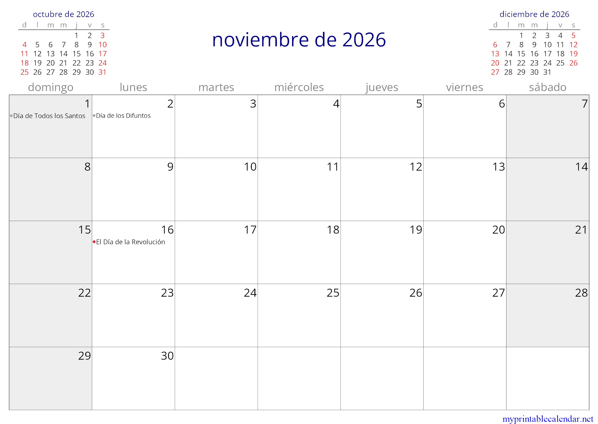 noviembre de 2026 monthly calendar, Mexico, Spanish jpg