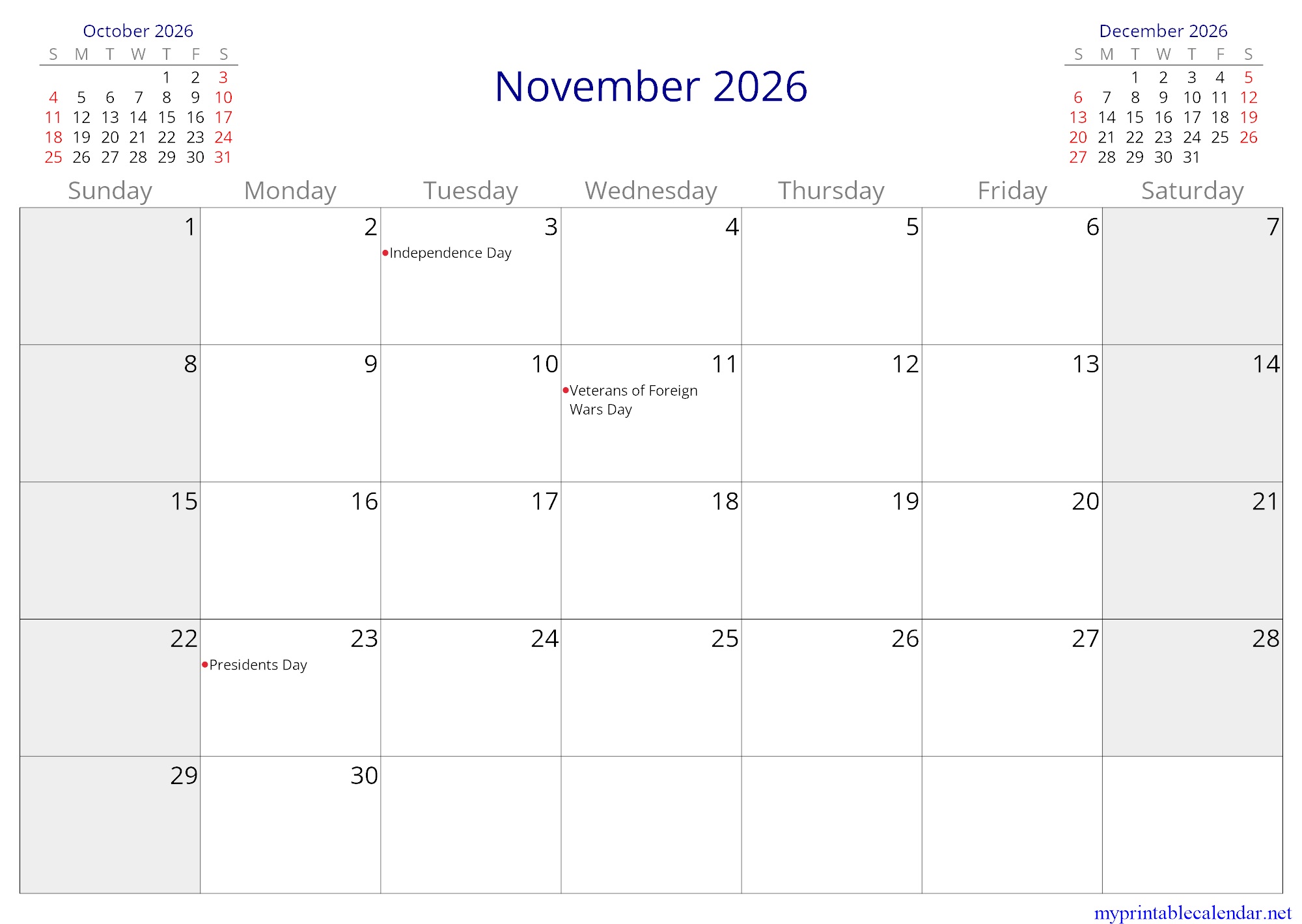 November 2026 monthly calendar, Micronesia, English (US, CA) jpg