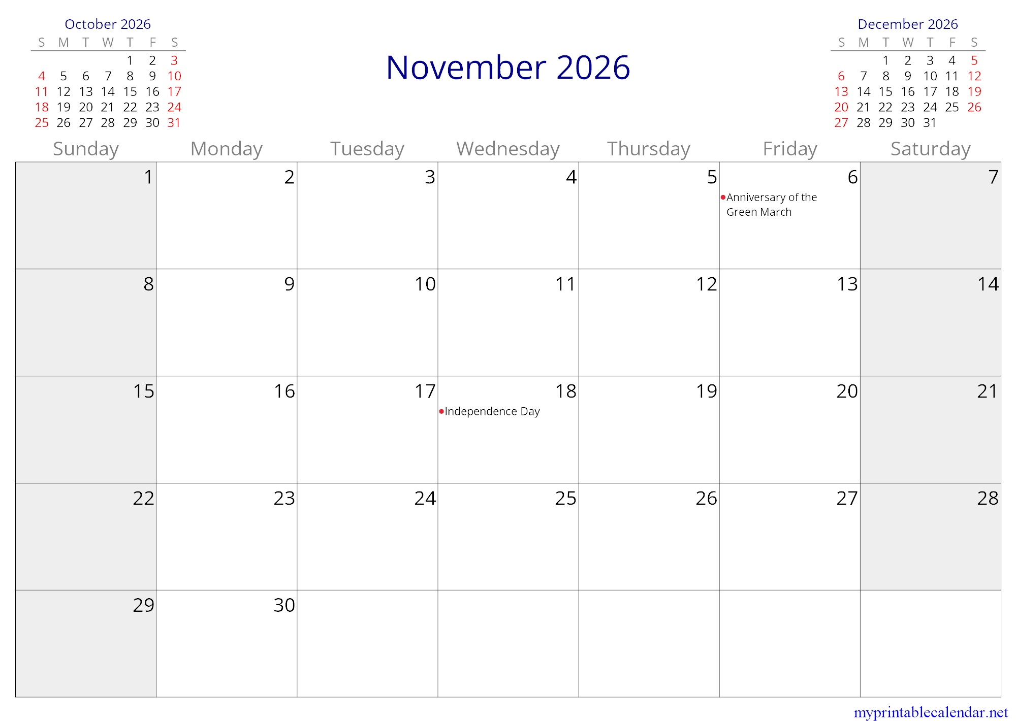 November 2026 monthly calendar, Morocco, in English jpg