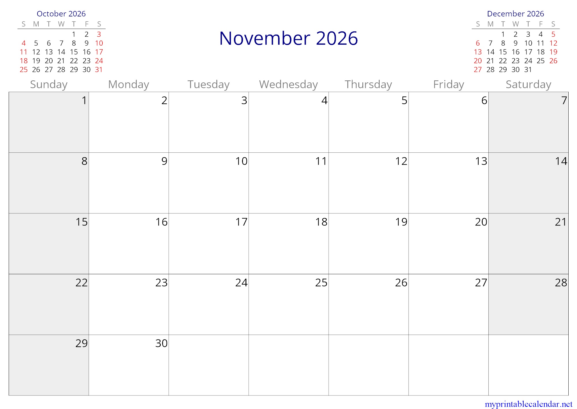 November 2026 monthly calendar, Myanmar, English jpg