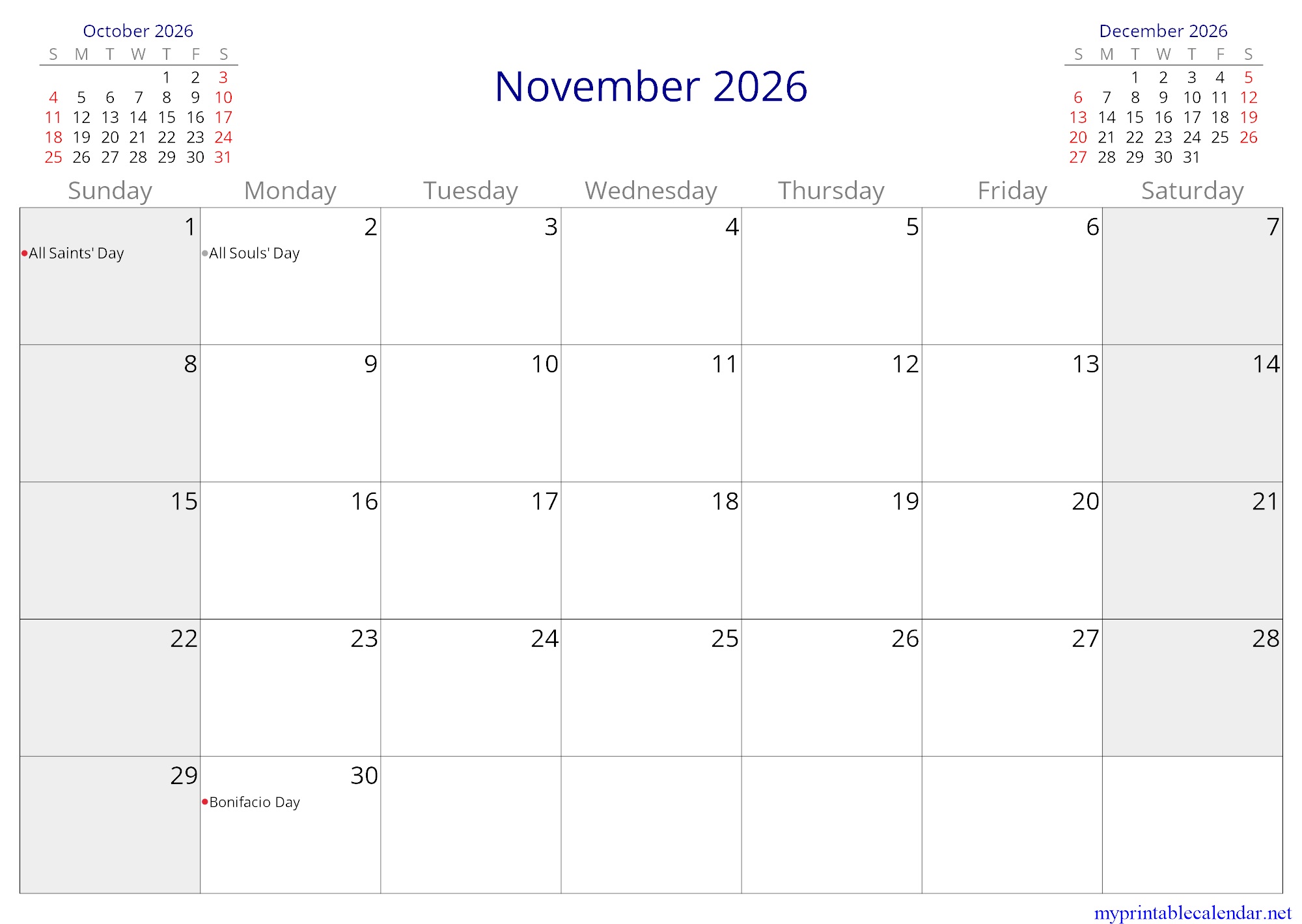 November 2026 monthly calendar, Philippines, English (US, CA) jpg