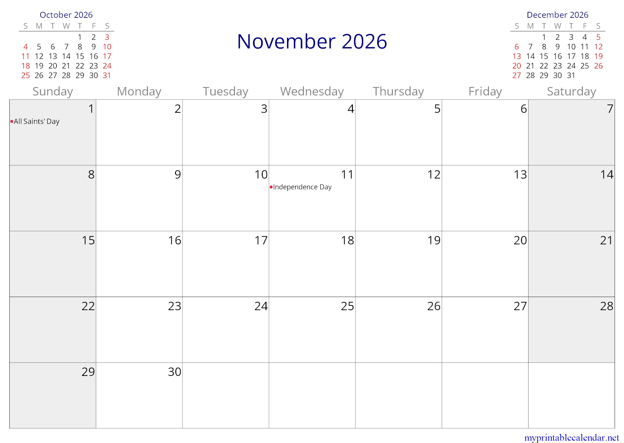 November 2026 monthly calendar, Poland, in English jpg