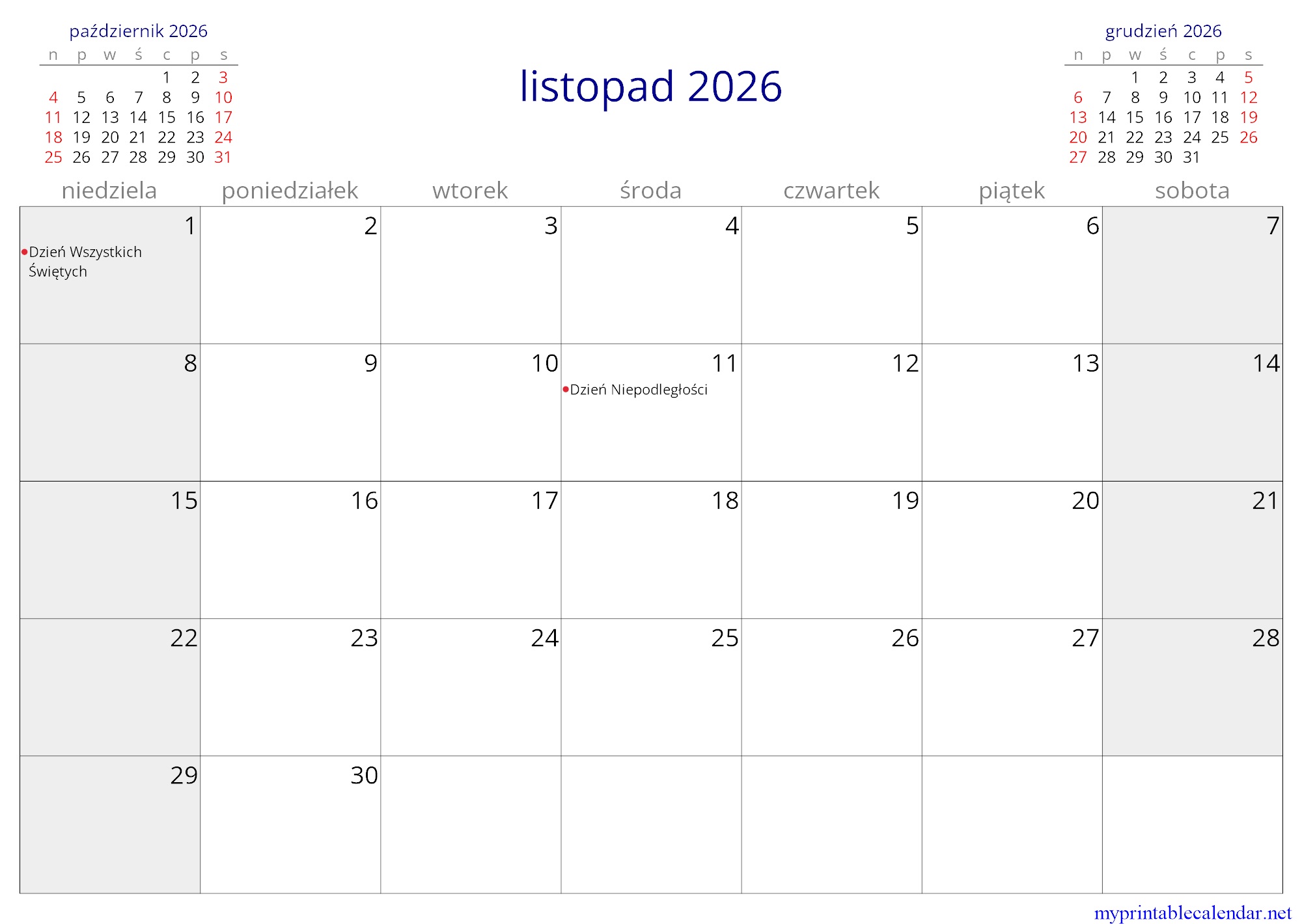 listopad 2026 monthly calendar, Poland, Polish jpg