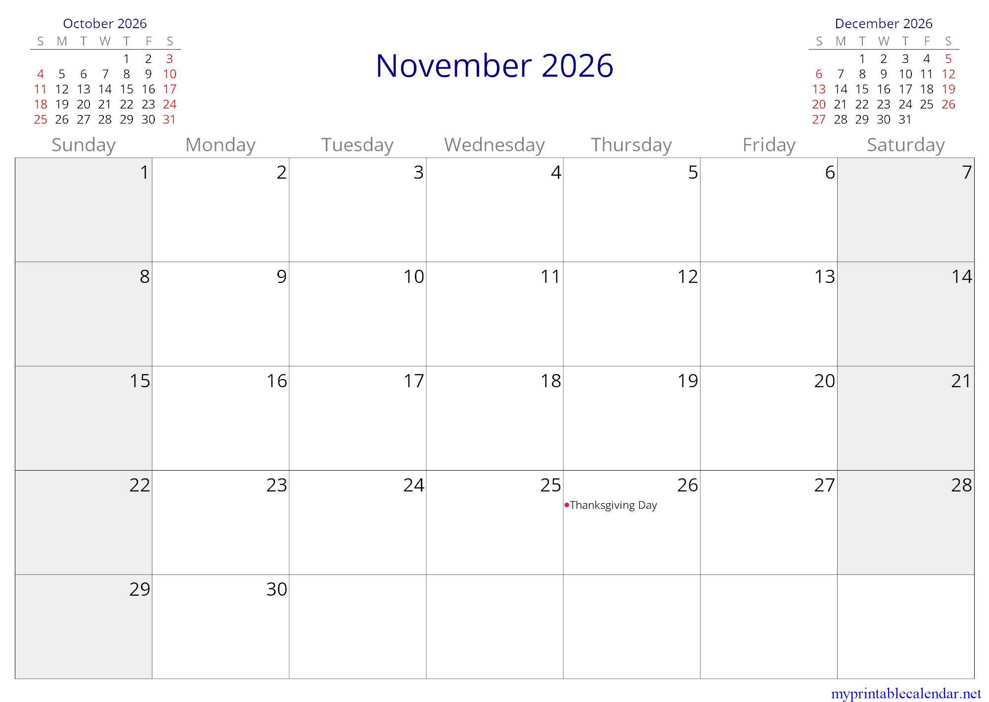 November 2026 monthly calendar, Puerto Rico, English (US, CA) jpg