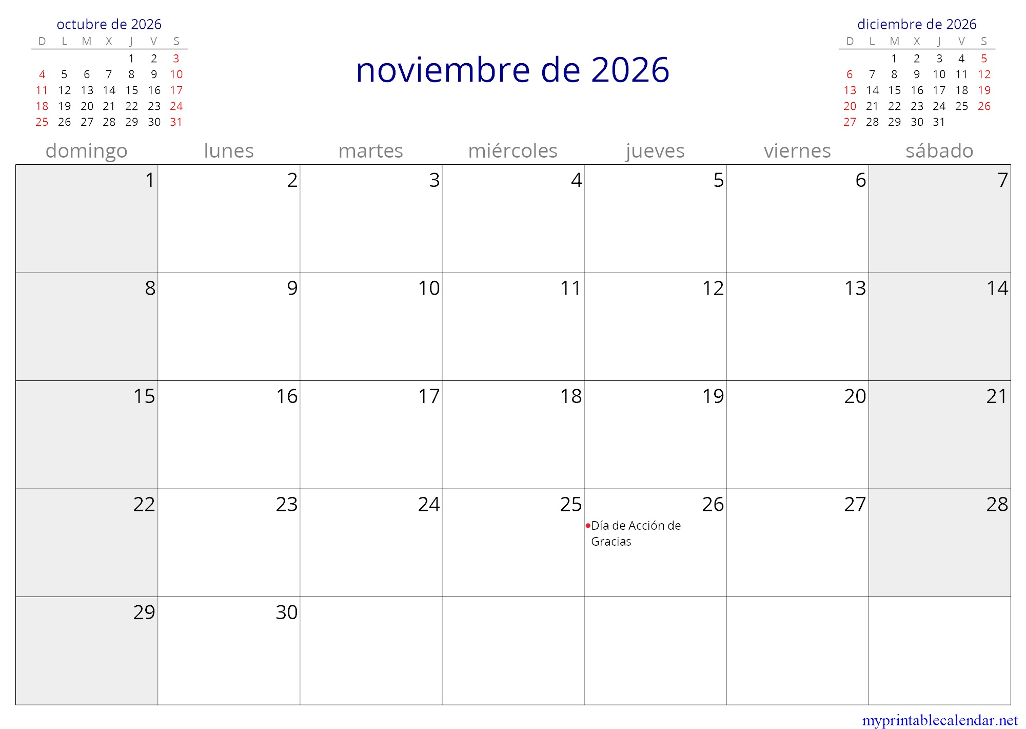 noviembre de 2026 monthly calendar, Puerto Rico, Spanish jpg