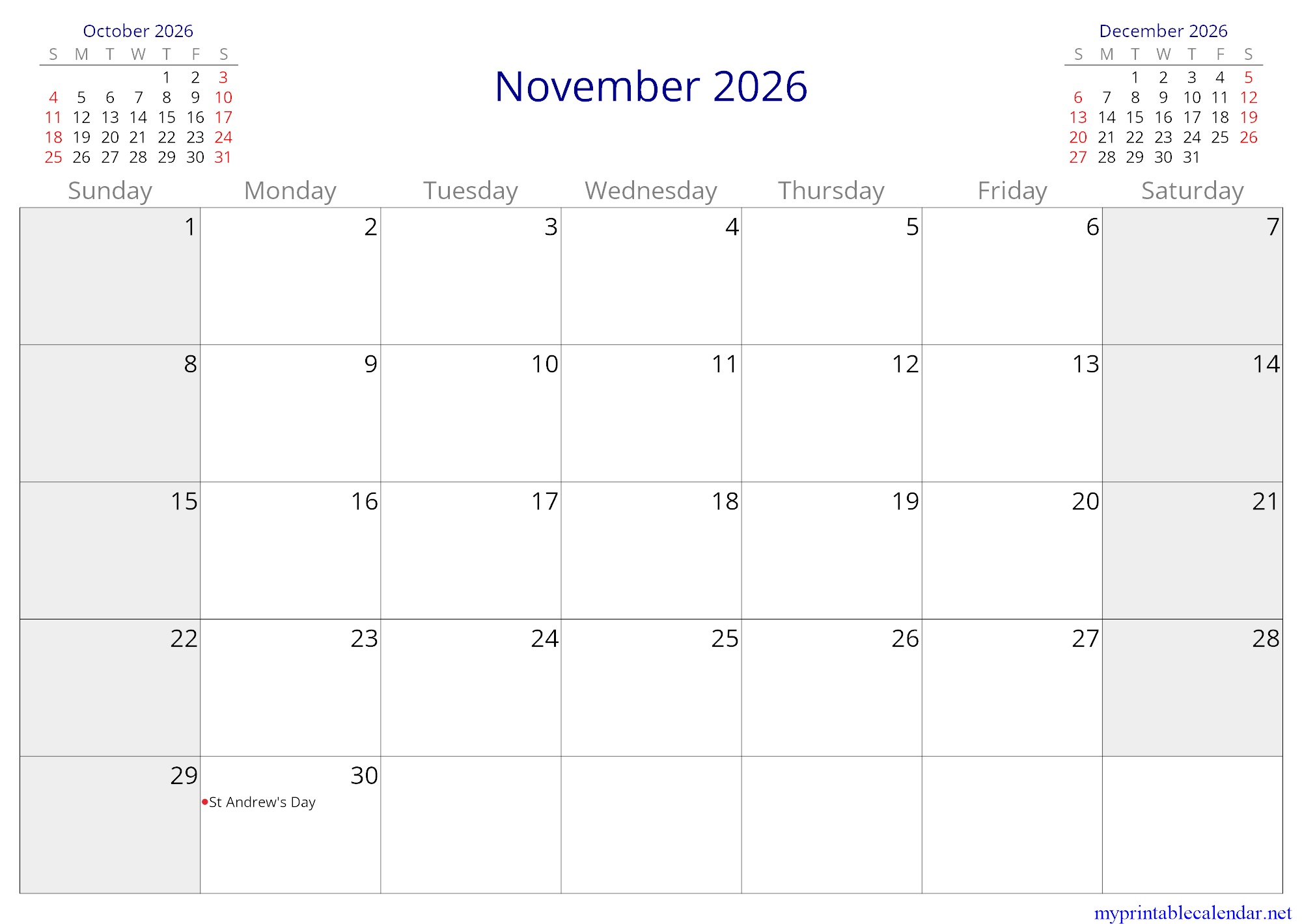 November 2026 monthly calendar, Romania, in English jpg