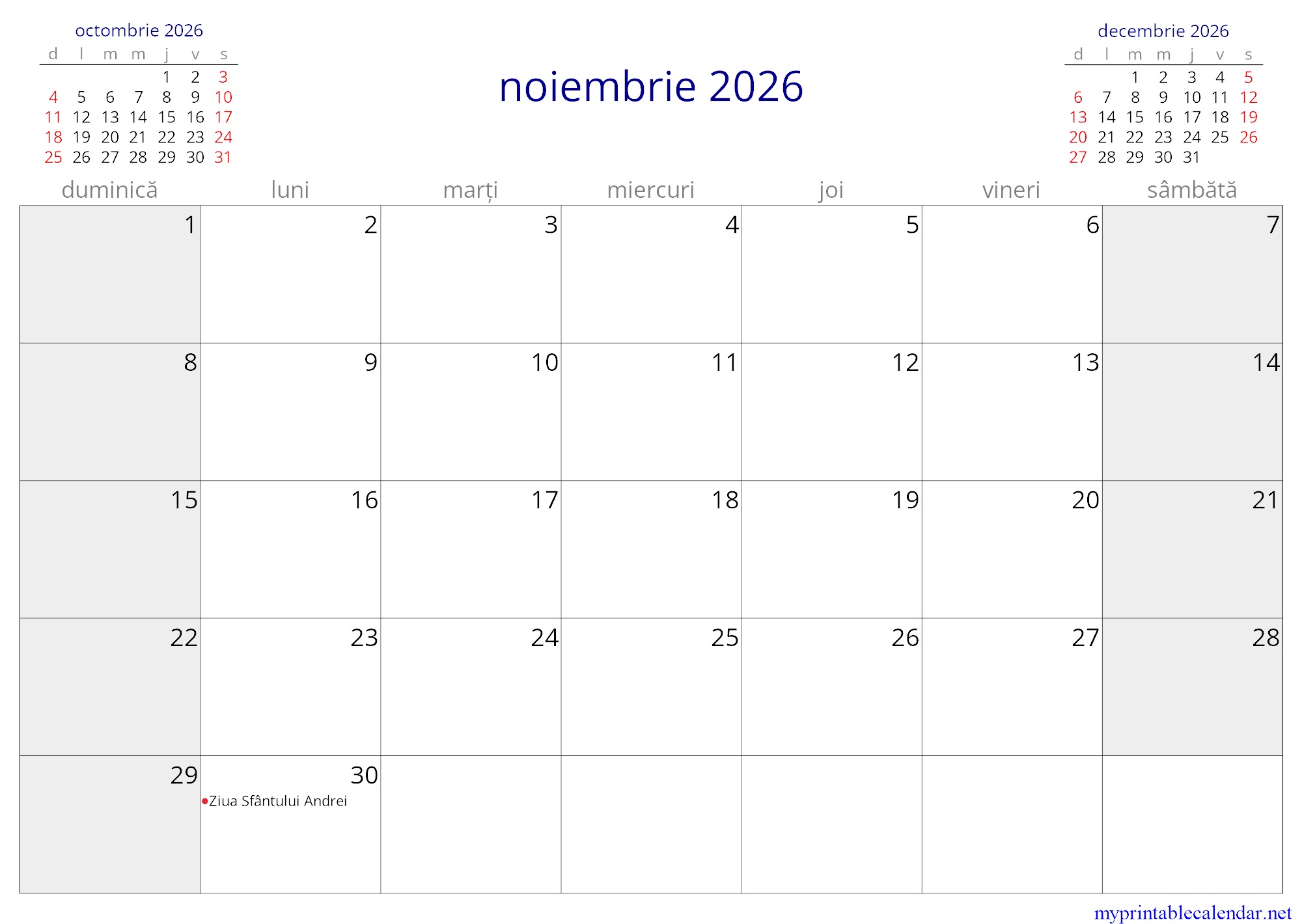 noiembrie 2026 monthly calendar, Romania, Romanian jpg