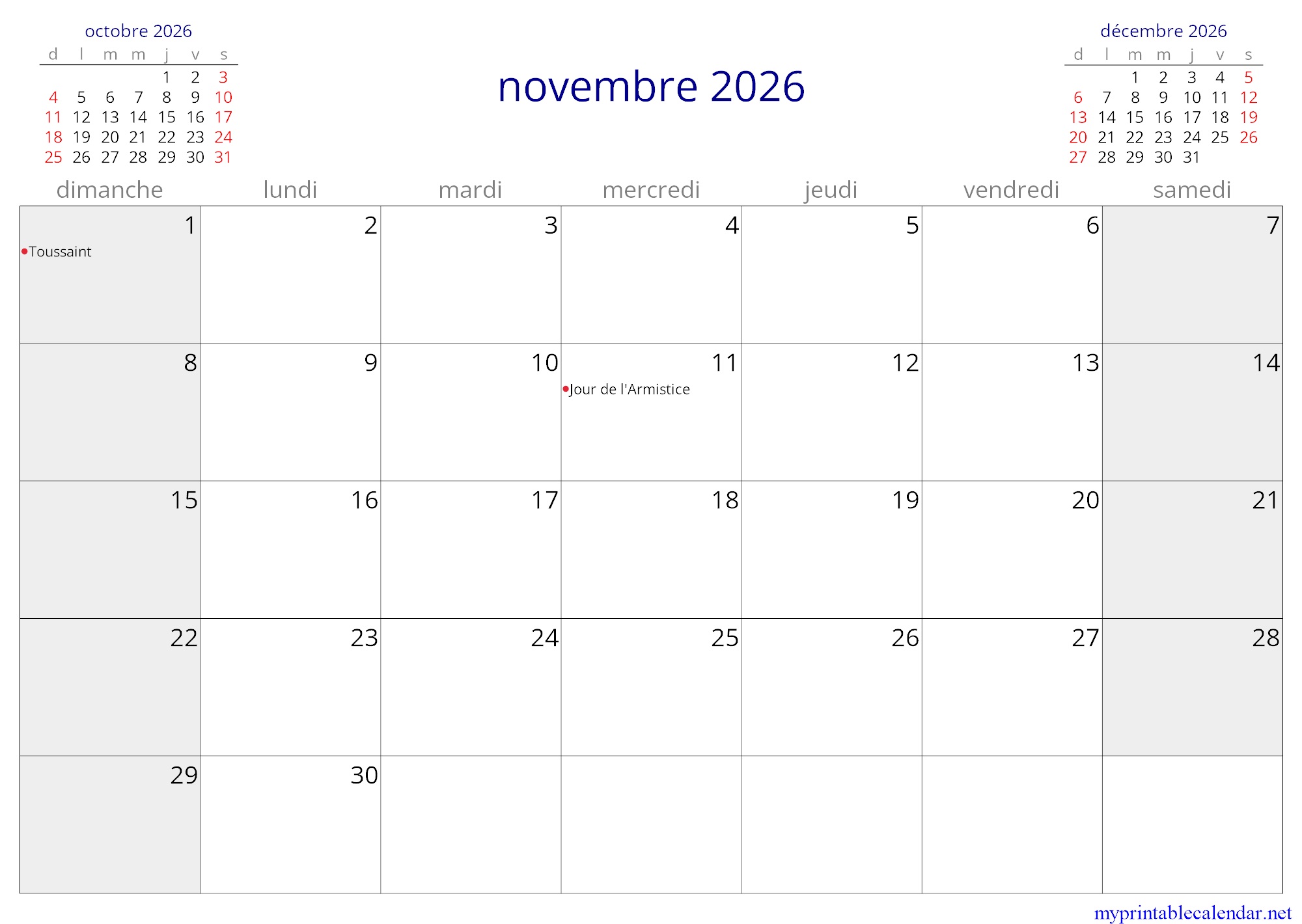 novembre 2026 monthly calendar, Réunion, French jpg