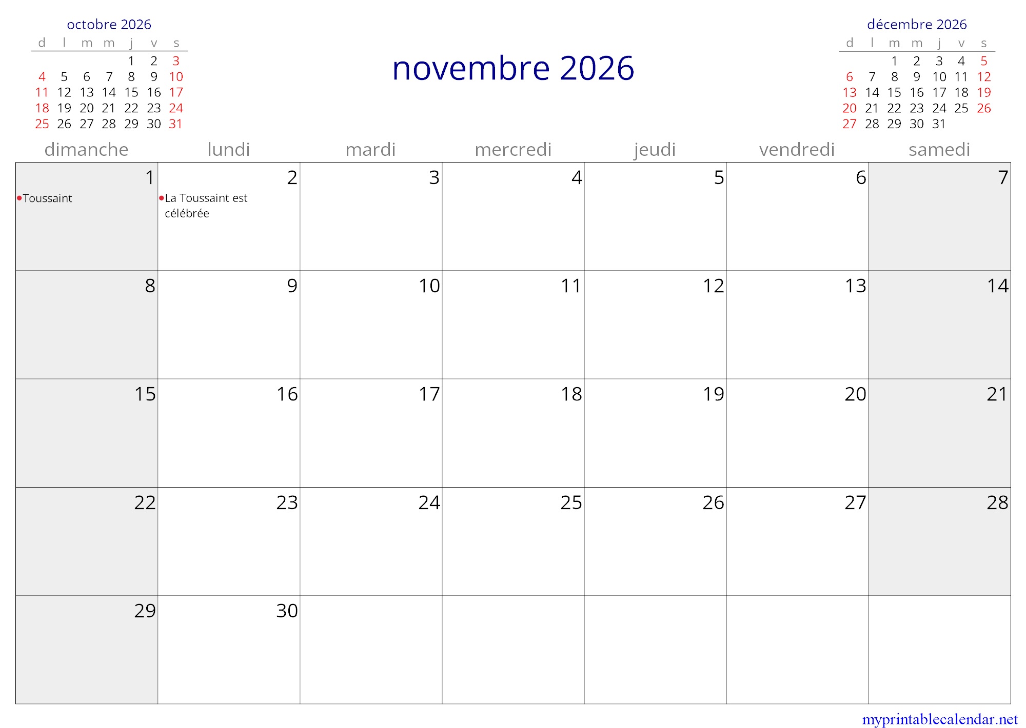 novembre 2026 monthly calendar, Senegal, French jpg